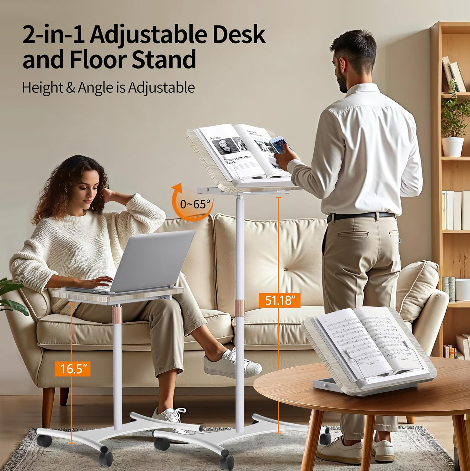 NAMON Rolling Laptop Stand, 2 in 1 Dual-use Floor & Desktop, Adjustable Height from 16.5" to 51", with 4 Lockable Casters, Perfect for Home, Office, Meeting Room, Study (White)