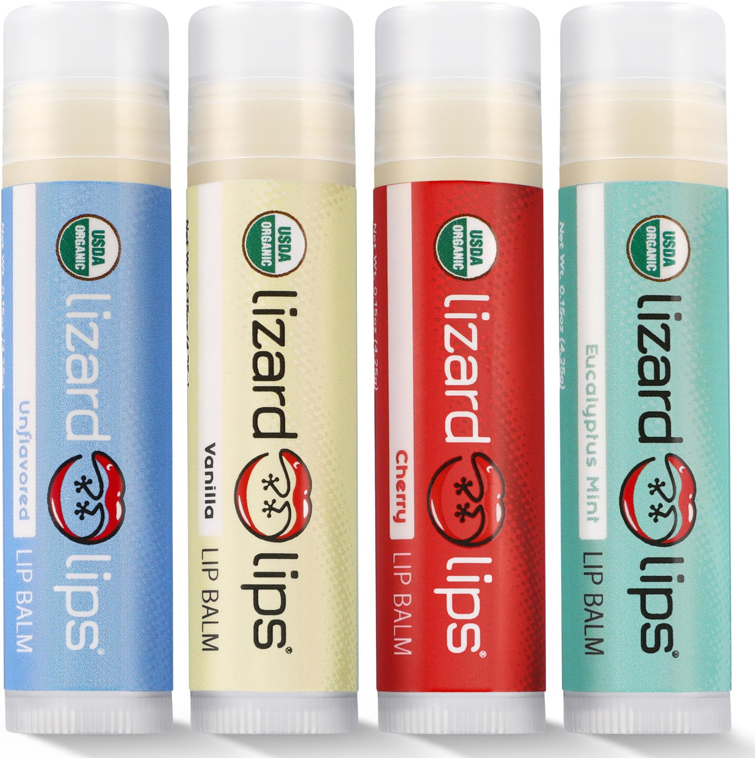 LizardLips Natural Lip Balm Set of 4; USDA Certification Lip Moisturizer; Unflavored, Vanilla, Cherry, Eucalyptus Mint; Travel-Friendly Everyday Care; Fun Quirky Beach Vacation Essentials