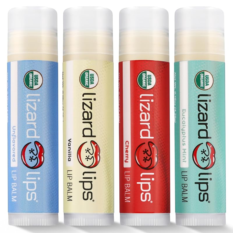 Lizard Lips Conjunto de bálsamos labiais com 4 unidades — sem sabor, baunilha, cereja e menta com eucalipto