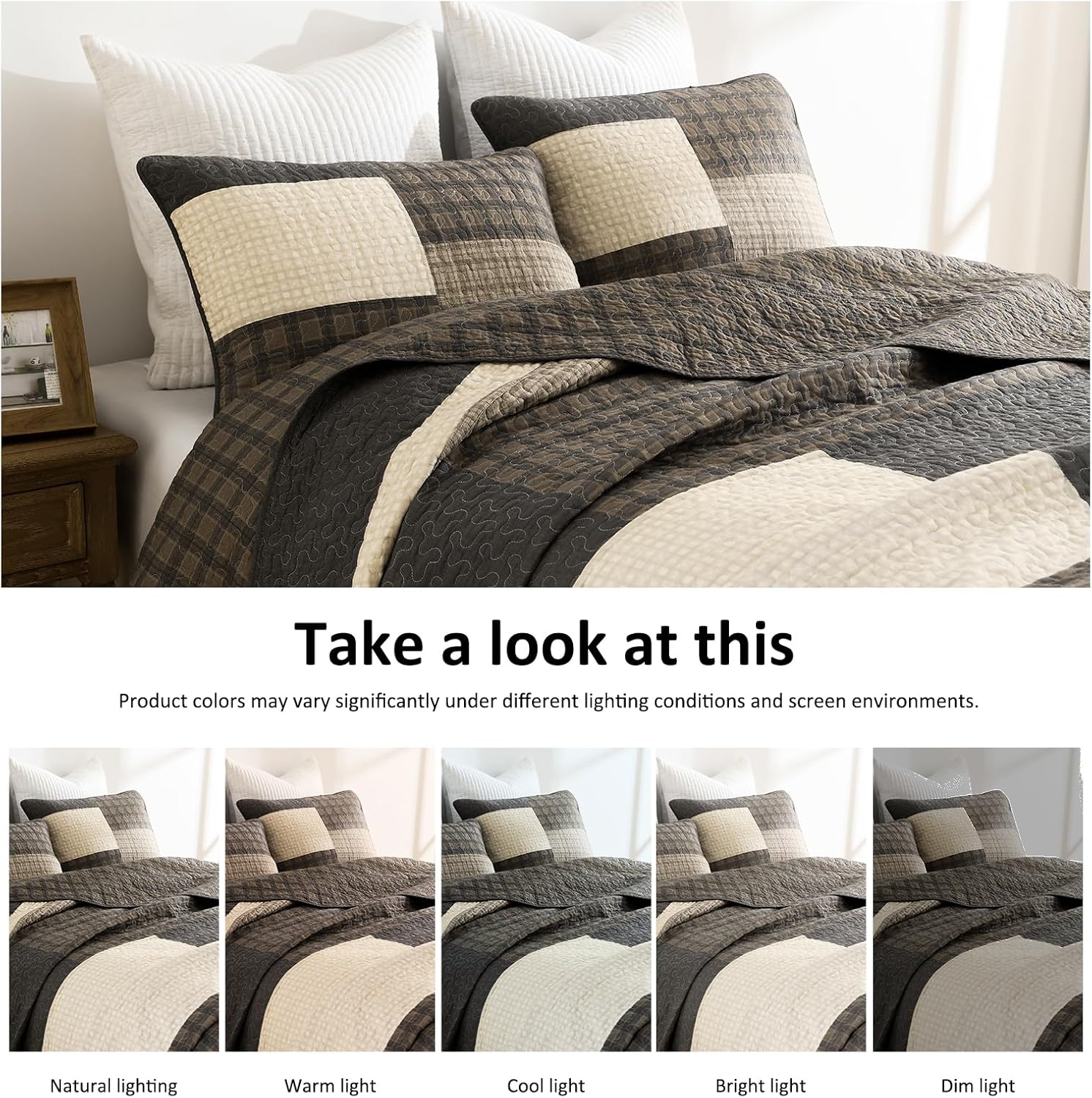 Finlonte 100% Cotton Oversized Queen Bedspread, 102x120 Extra Large Quilt Set, Farmhouse Plaid Quilted Comforter, Lightweight Soft Quilt Bedding Set, 3 Piece, Brown/Beige/Gray