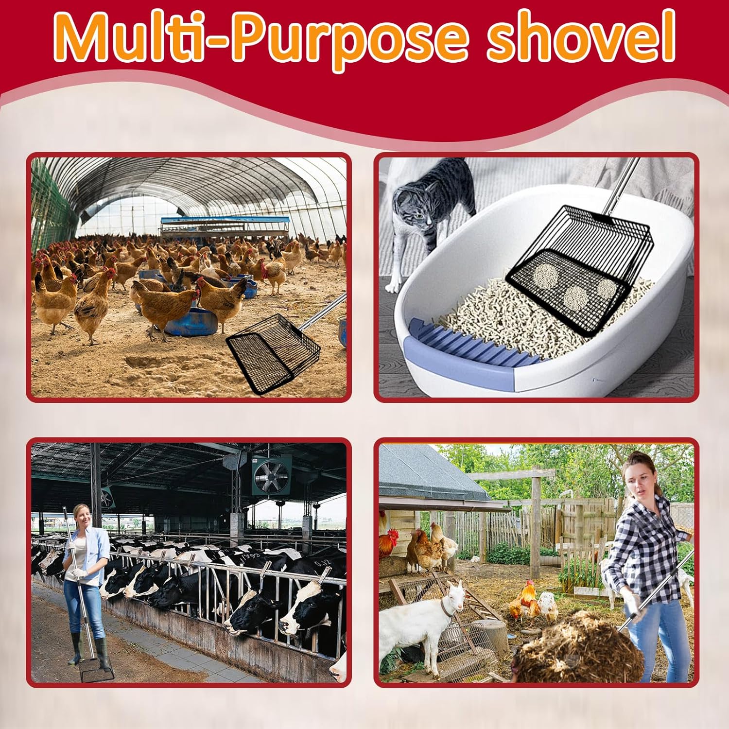 Chicken Poop Scooper-Heavy Duty Stainless Steel Sifting Shovel 10 Inch Wide,Chicken Scooper for Poop with 35" to 74" Adjustable Handle,Cleaning Tools for Chicken Coops & Farm Animals Scoop