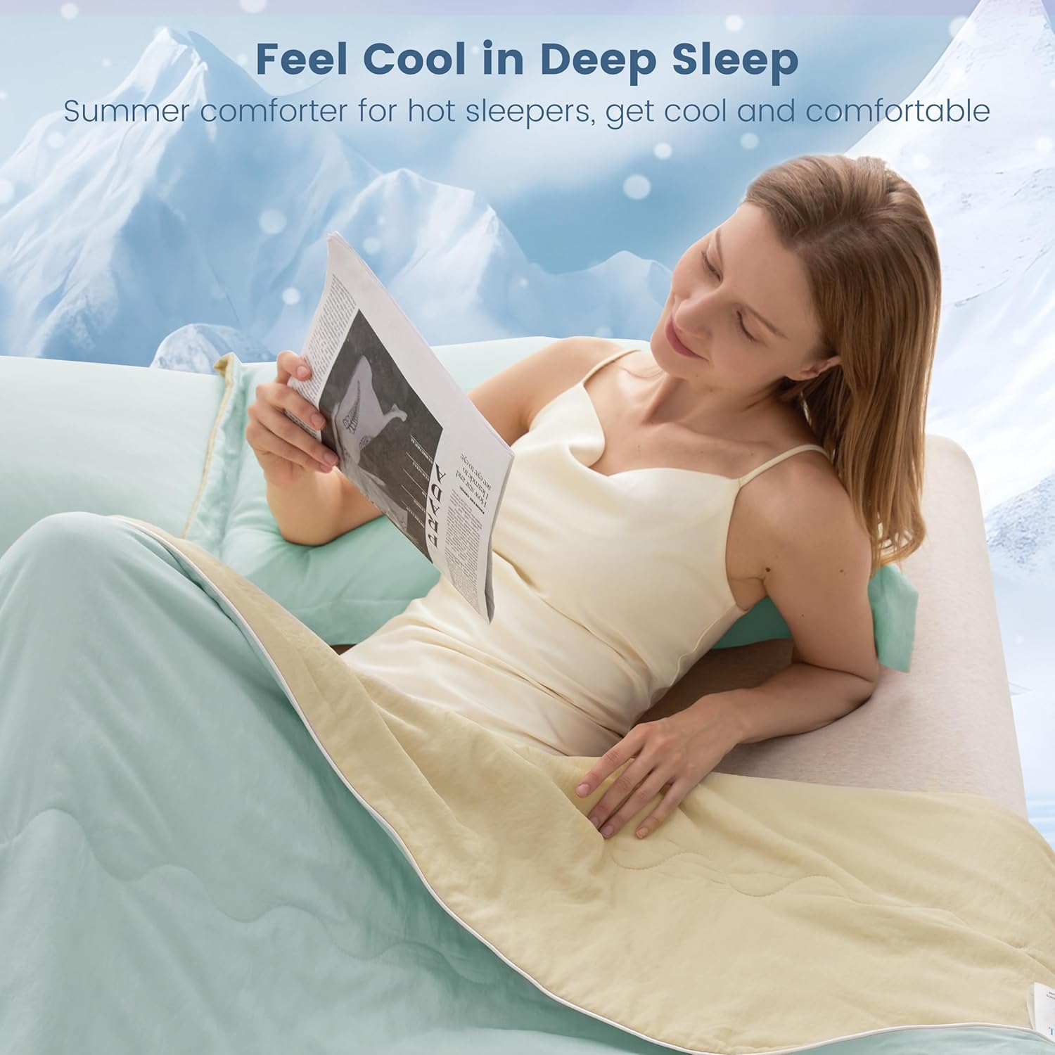 SNOWMAN Cooling Comforter King Size Double-Sided, Soft Cooling Blanket for Hot Sleepers, Cold Touch Fabric Summer Quilt, Lightweight Q-Max>0.4 Silk Smooth (Green/Butter, 106"x90") - Image 2