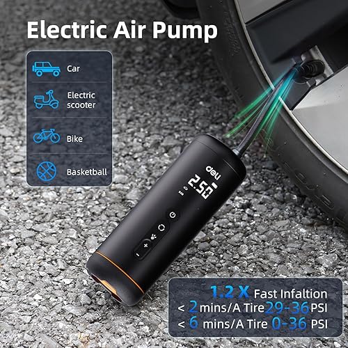 Miniatura 3 de Deli Compresor de aire portátil para inflado de neumáticos, bomba de bicicleta inalámbrica 2 veces más rápida, bomba de neumáticos de 150 PSI para