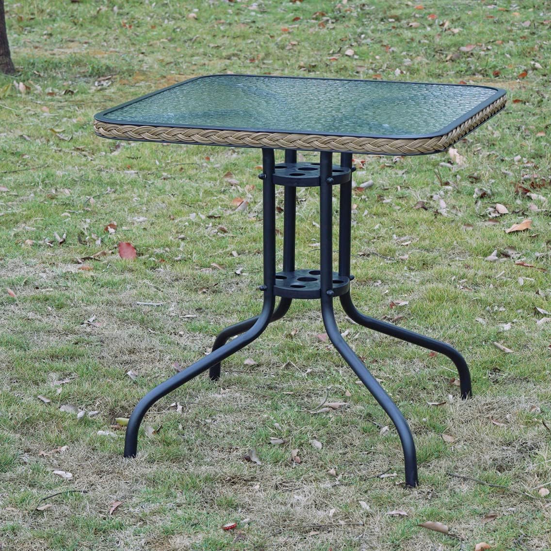 BTEXPERT Indoor Outdoor 28" Square Tempered Glass Metal Restaurant Table Brown Rattan Trim