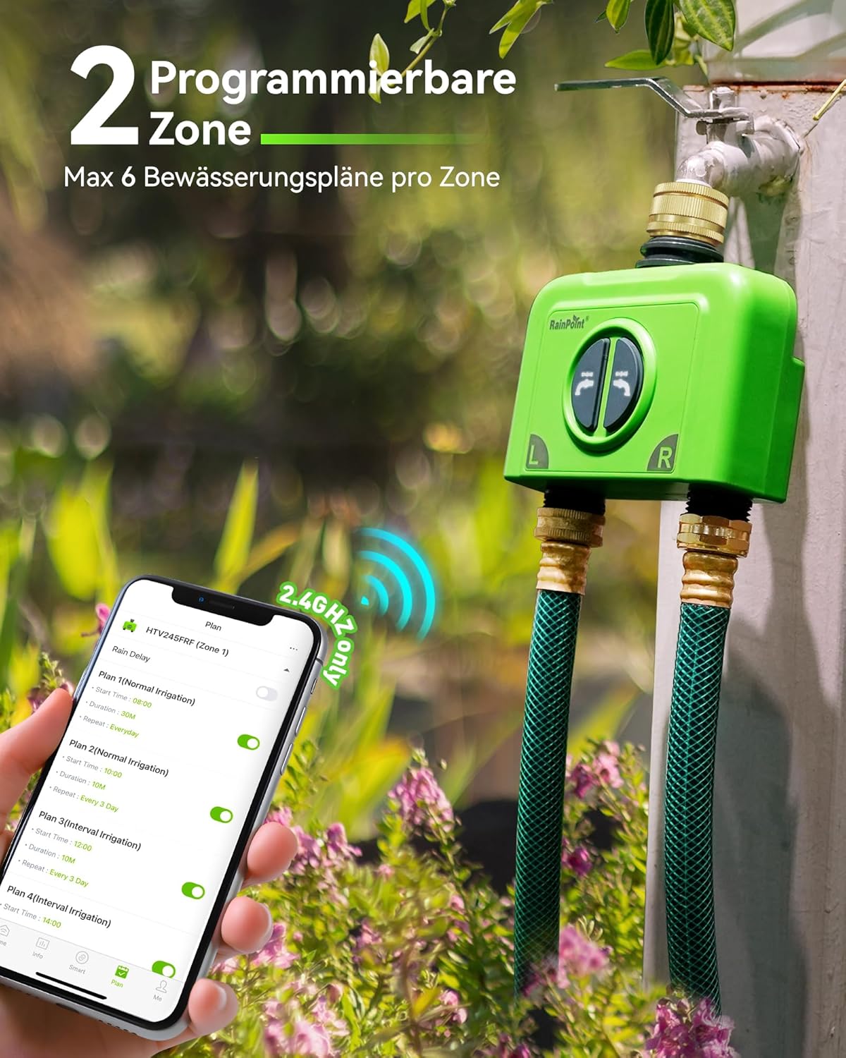 ภาพแสดงอินเทอร์เฟซแอป RainPoint สำหรับการตั้งค่าโซนที่ตั้งโปรแกรมได้ 2 โซน โดยมีแผนรดน้ำสูงสุด 6 แผนการต่อโซน