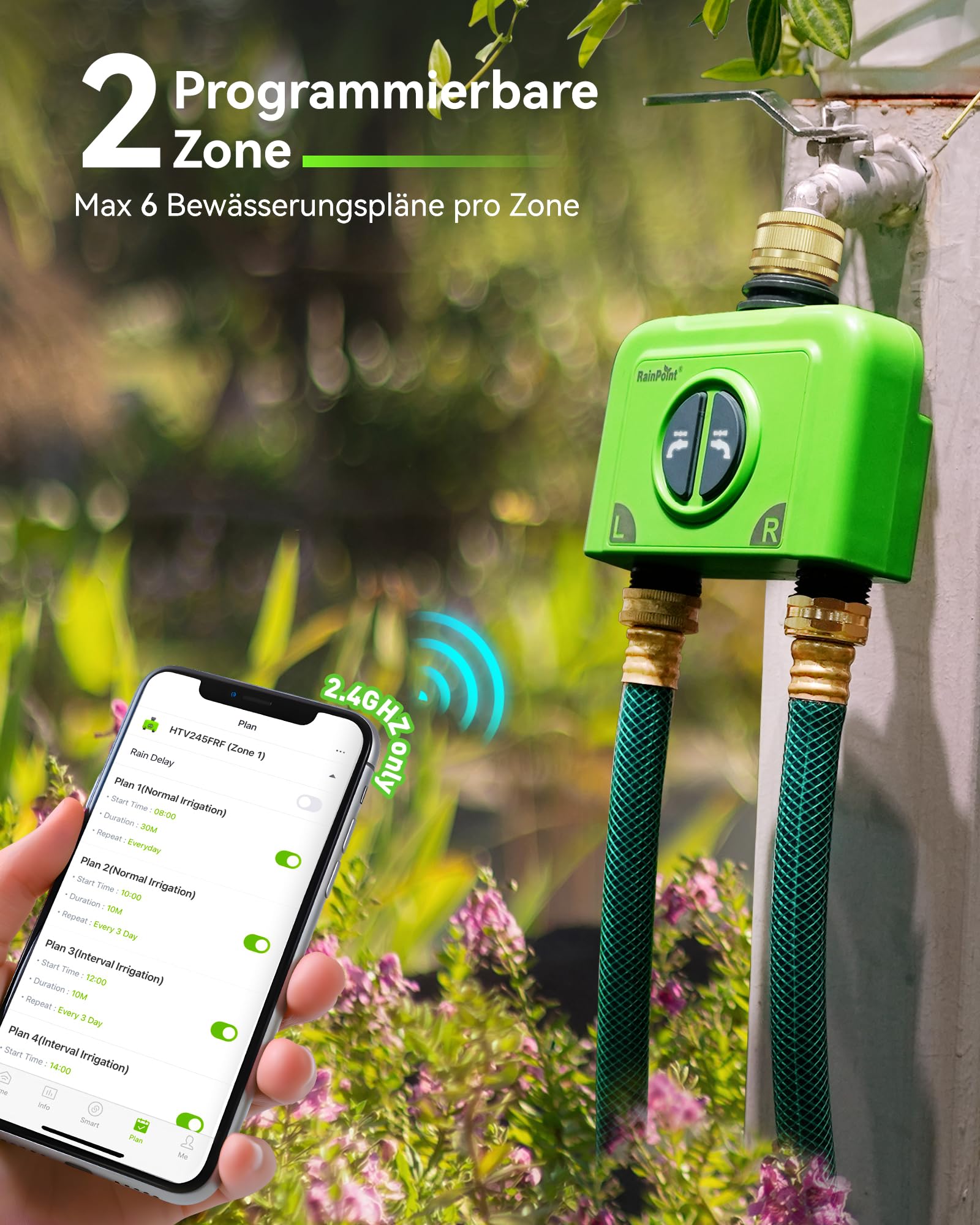 RAINPOINT Programador Riego WiFi 2 Salidas, Puerta Enlace Ethernet y Entrada de Latón, Riego Automatico para Jardín Via App/Voz Control, Riego Basado Clima, Retraso por Lluvia/Manual, 2x6 Horarios