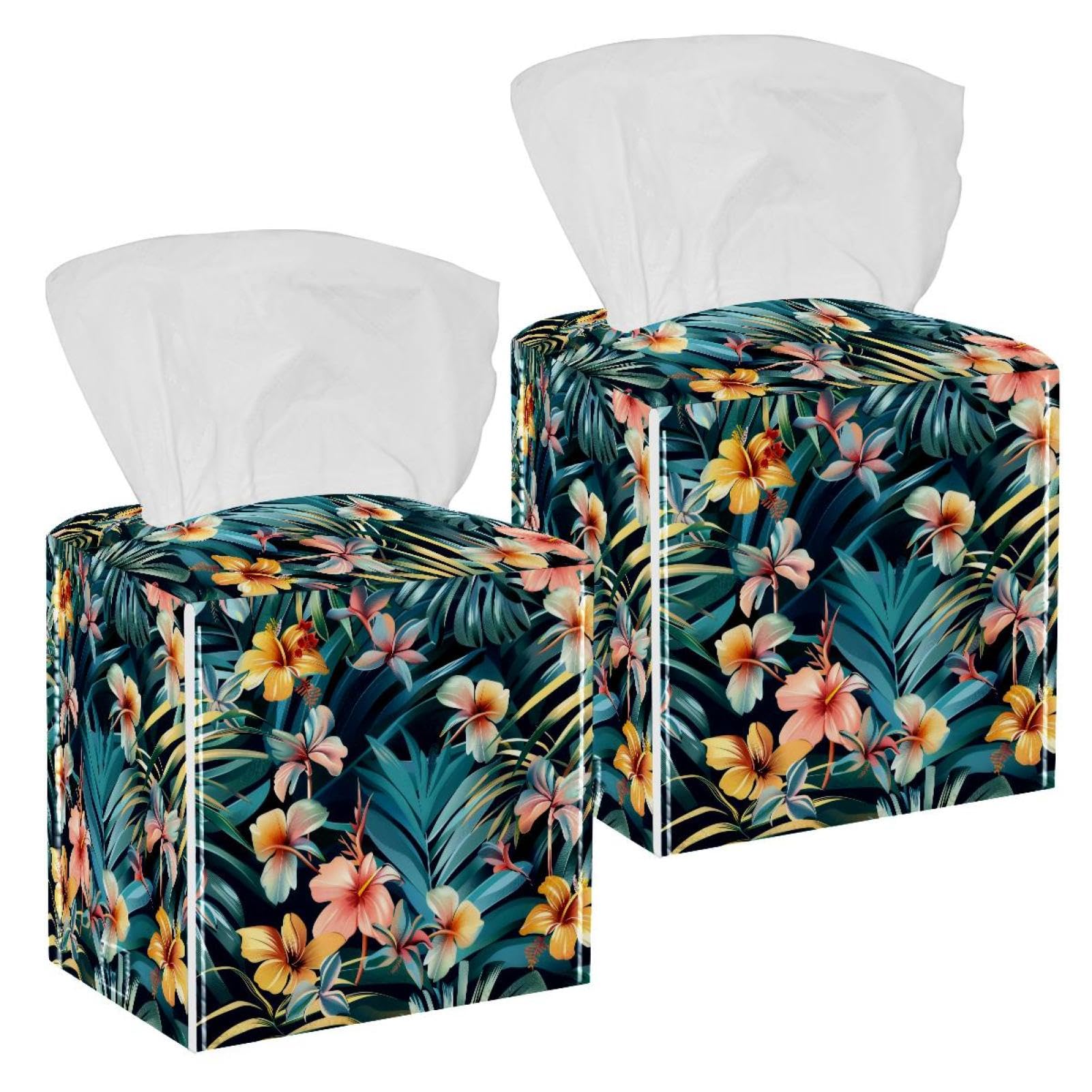 Tropical Palm Tissue Box Cover, 2 Pack PU Leather Square Facial Tissue Dispenser Box holder for Home Office Car