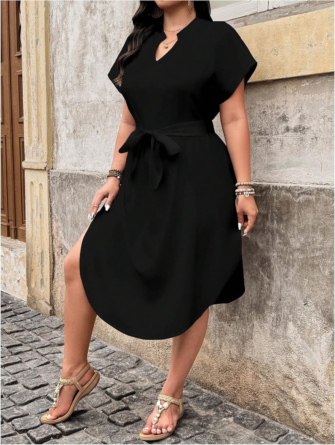 Floerns Women's Plus Size Tie Waist Dress Notch V Neck Dolman Sleeve A Line Midi Dresses - Image 2