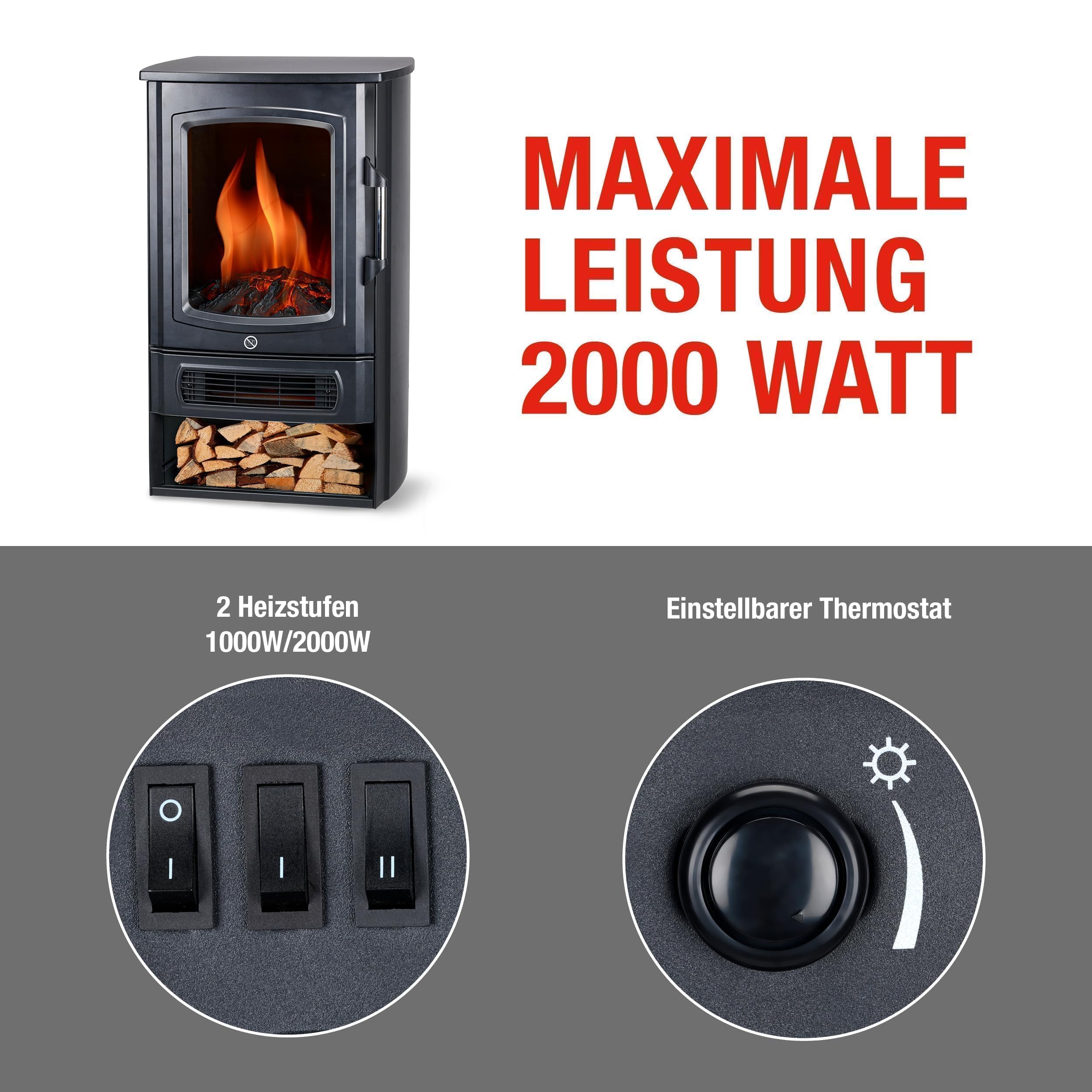 alpina Helsinki ND-183 kominek elektryczny z ogrzewaniem i ogniem kominkowym, z ogrzewaniem, efekt płomienia LED, regulowany termostat 1000 W, 2000 W, przewód zasilający 1,5 m, metal, czarny