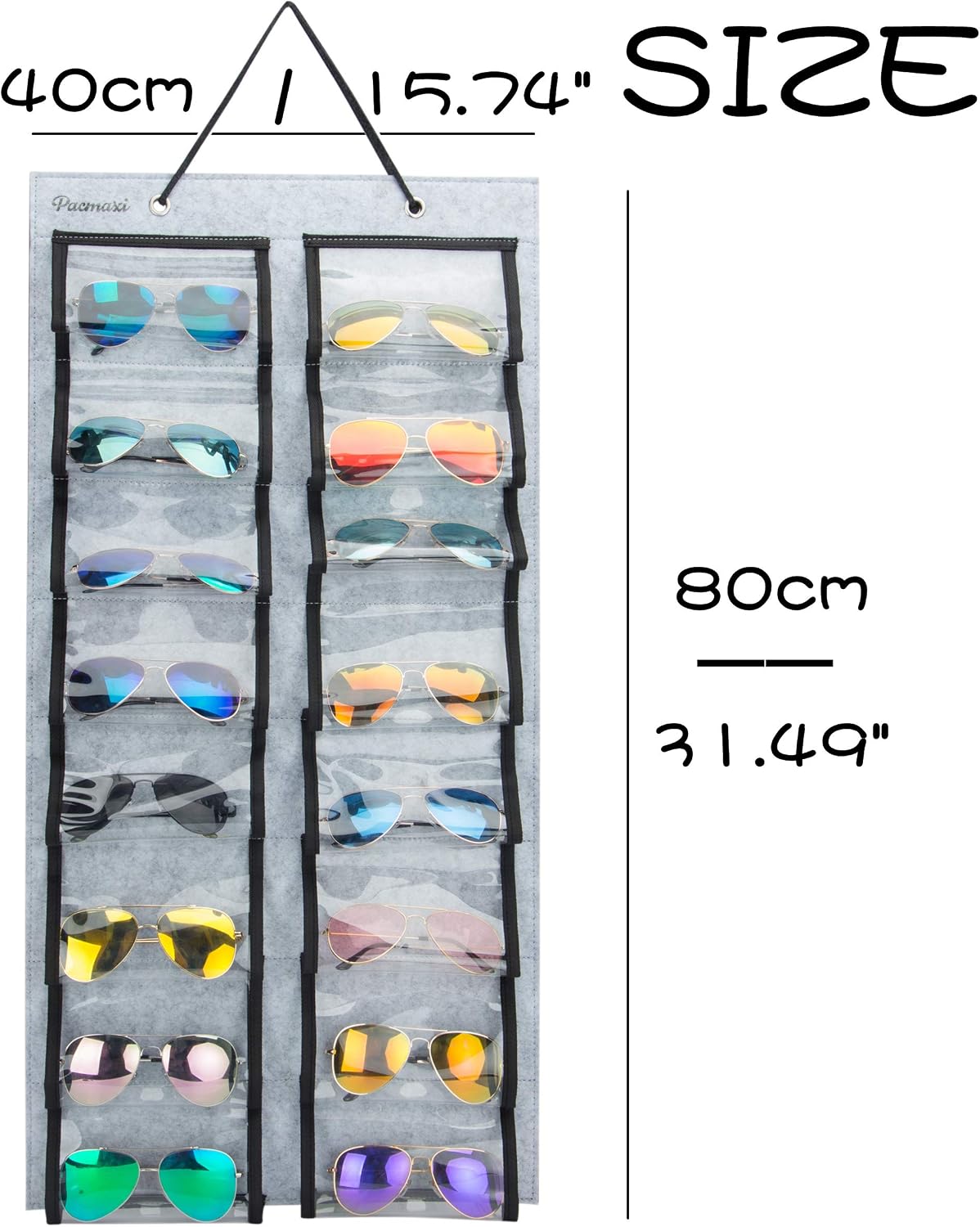 PACMAXI Sunglasses Organizer Storage 32 Slots Double Sided Glasses Storage Hanging Wall Display Pocket, Dust-Proof (Grey)