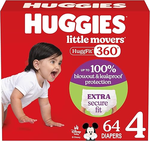Huggies Pañales para bebé tamaño 4, pañales Little Movers HuggFit de 360 con cintura de 360, talla 4 (22-37 libras), 64 unidades, el embalaje puede