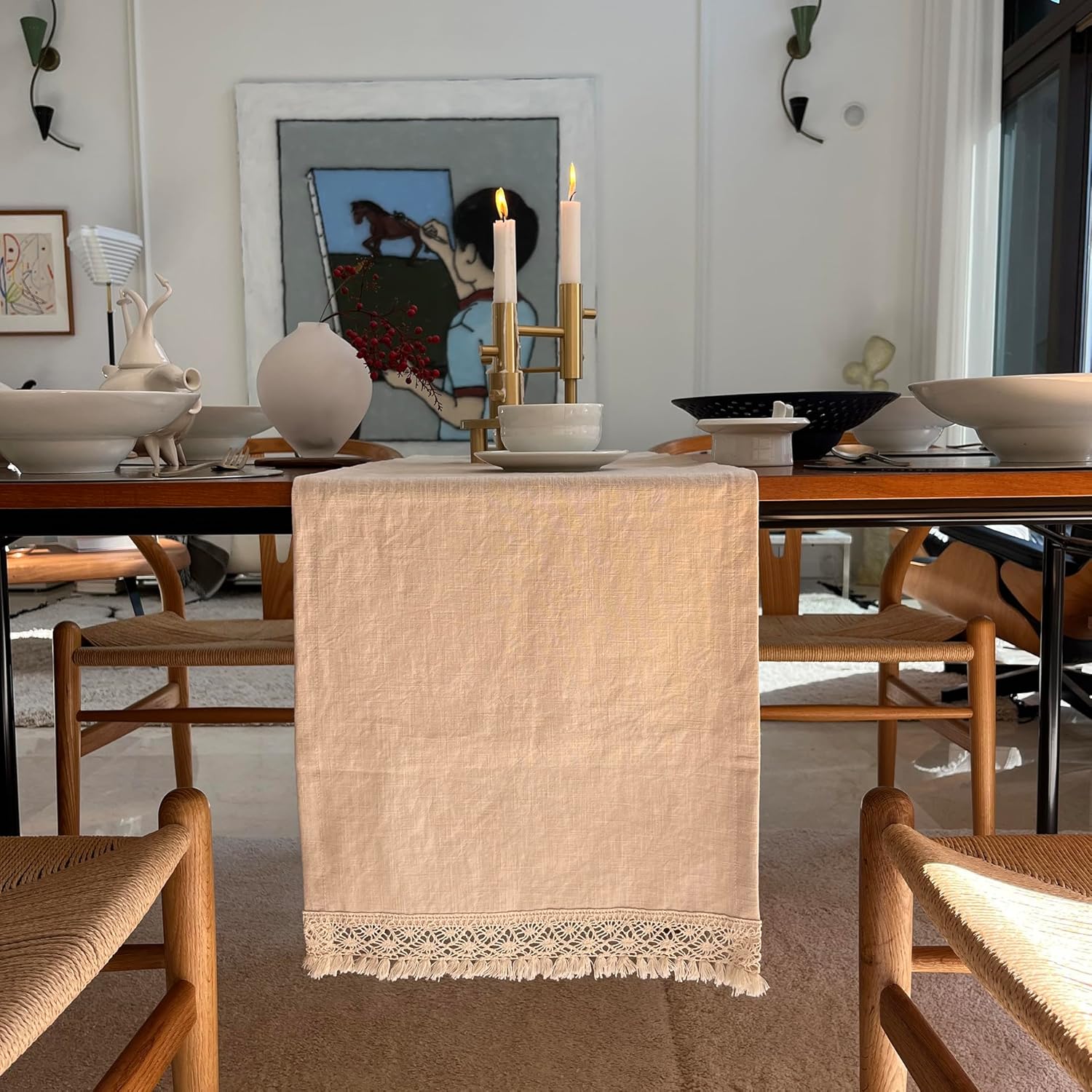 Korean Made Linen Blend Table Runner 14 Inches Wide, Lace Trim, Double Hem Edge for Reduced Wrinkle & Durability – Elegant Everyday Dining, Vanilla Color (72" Long)