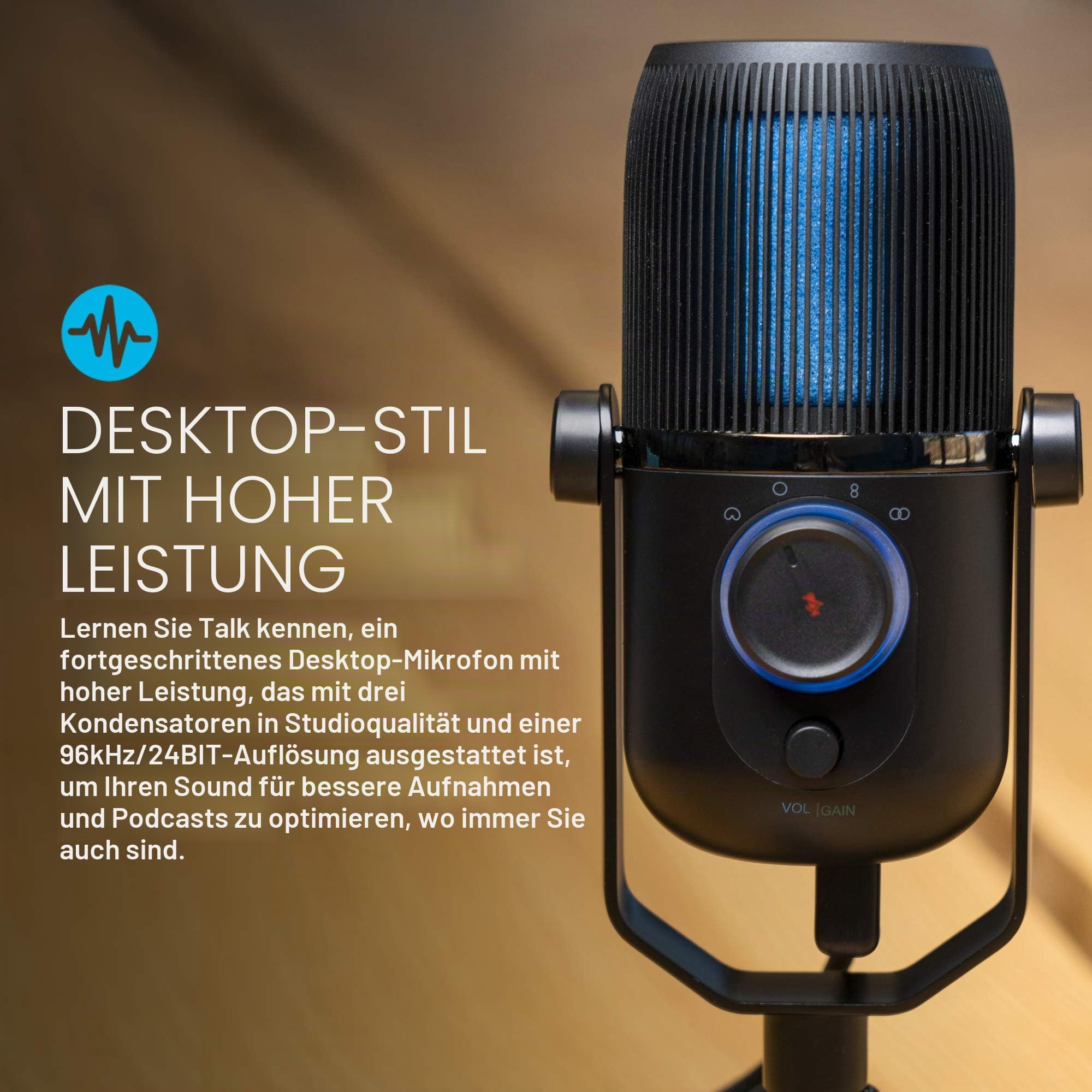 JLab Talk USB Mikrofon - PC Plug und Play Mit USB-C, 4 Richtcharakteristiken, Lautstärkeregelung und Stummschaltung - Streaming, Podcast und Gaming Mikrofon mit Stativ