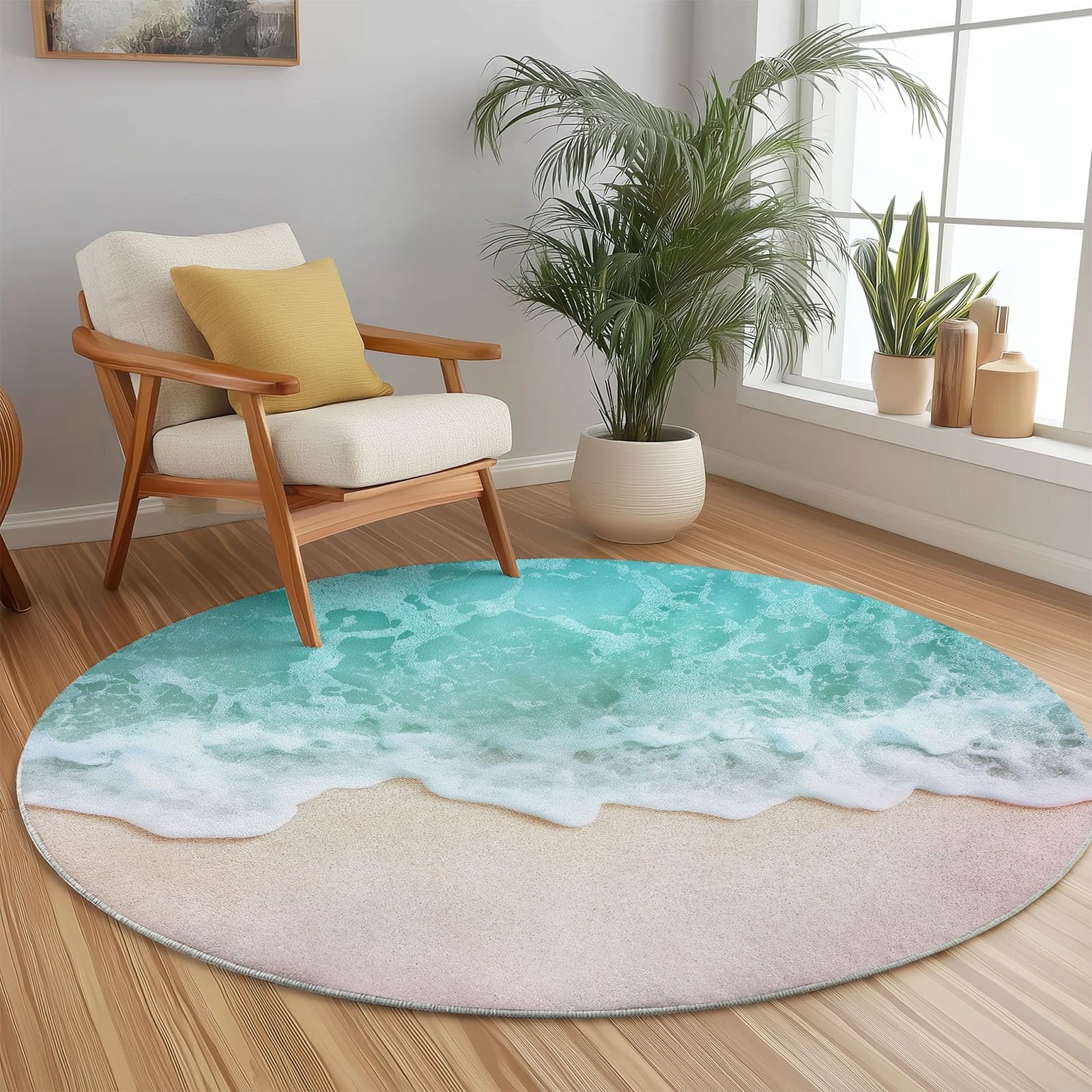 Weich Teppich Rund 120 cm Meer Wellen Strand, Waschbar rutschfest Wohnzimmerteppich Robuster Flauschiger Rund Teppiche Blau Bedruckt Teppich Für Küchen Esszimmer Schlafzimmer