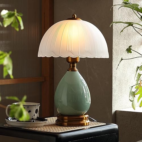 Vintage Lamp Bedroom Lamps,16" Mid Century Modern Table Lamps for Living Room,Retro Bedside Nightstand Traditional Lamps, Classic Chinoiserie Ceramic Green Lamp for Home Decor (LD001)