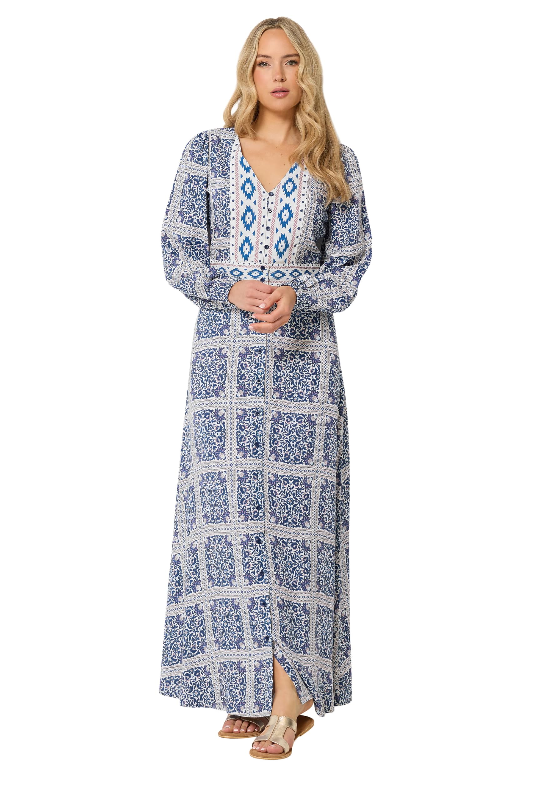 Long Tall Sally Women's Tall Tile Print Button Maxi Dress in Blue | Size: 14