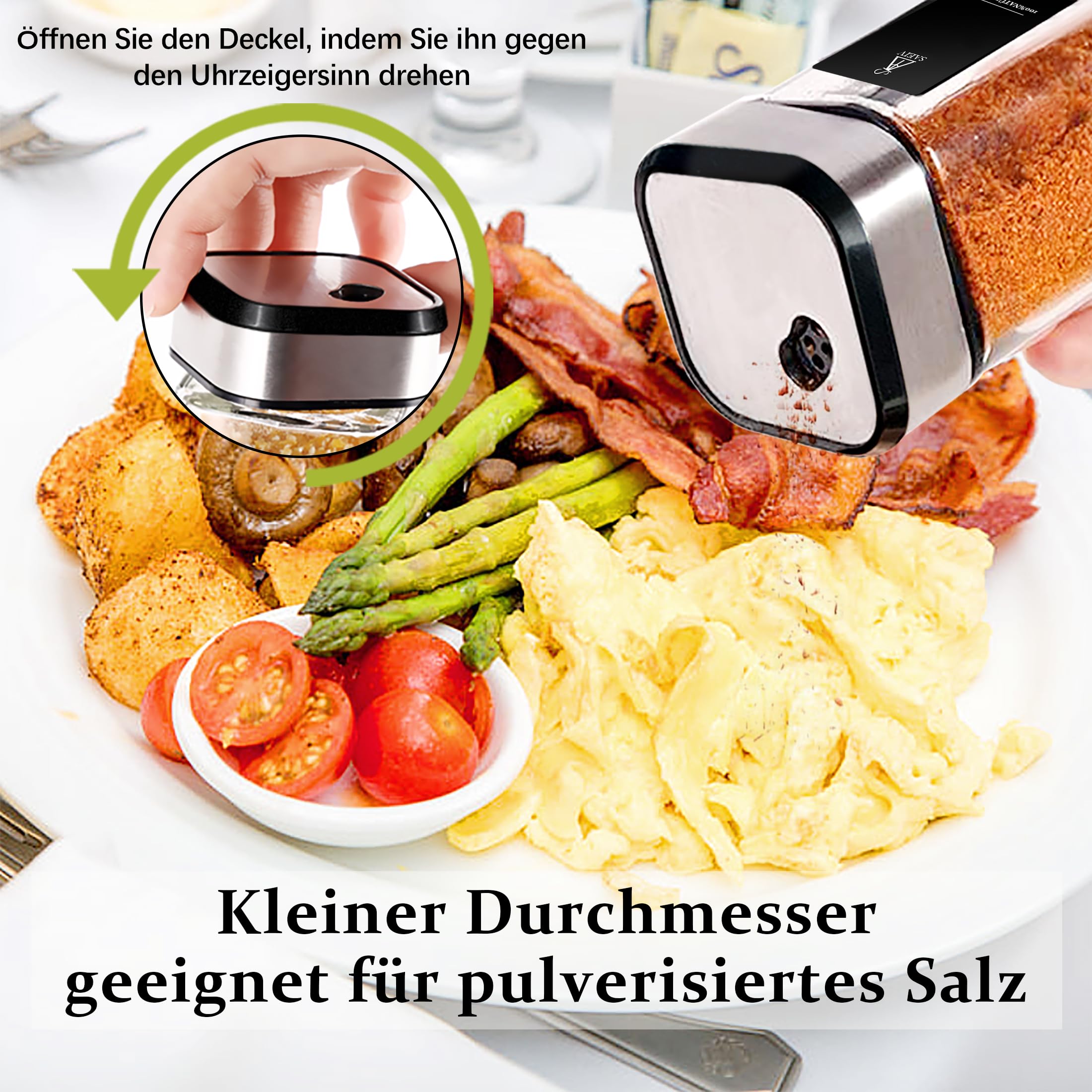 SIAZIH 360° rotatie kruidenstrooiers, glazen set, drie kaliber, vrij instelbaar, 24 kruidenpotjes met kruidenetiketten, perfecte organisatie keuken, kruidenorganizer, 120 ml kruidenpotjes, glas