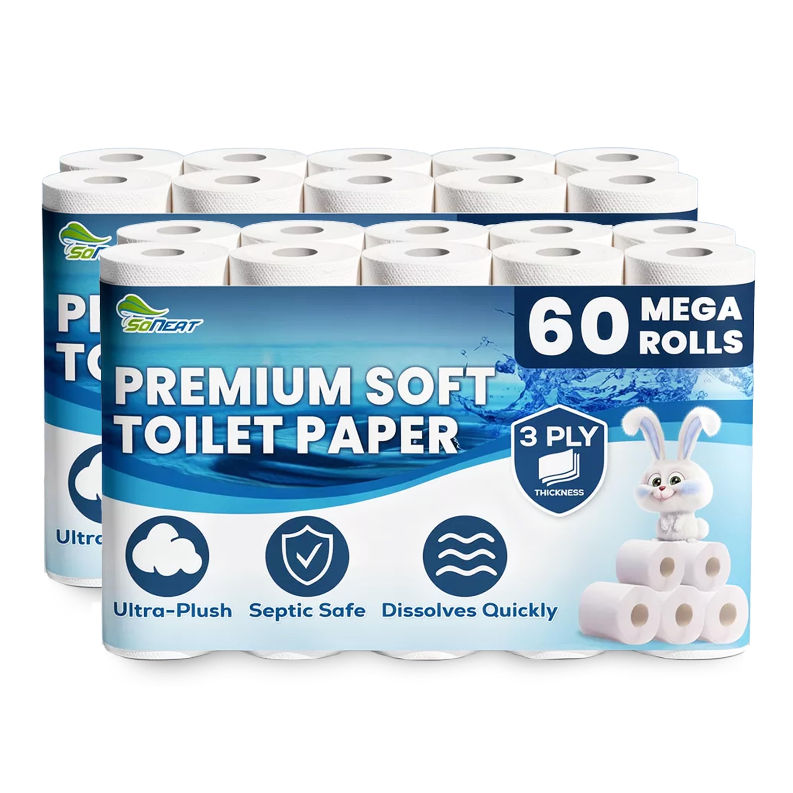 Premium 3-Ply Toilet Paper – 60 Rolls Ultra Soft, Strong, Septic-Safe Commercial Toilet Paper | Super Absorbent Bath Tissue | Ideal for Commercial, Home & RV Use (3-Ply, 60, Count)