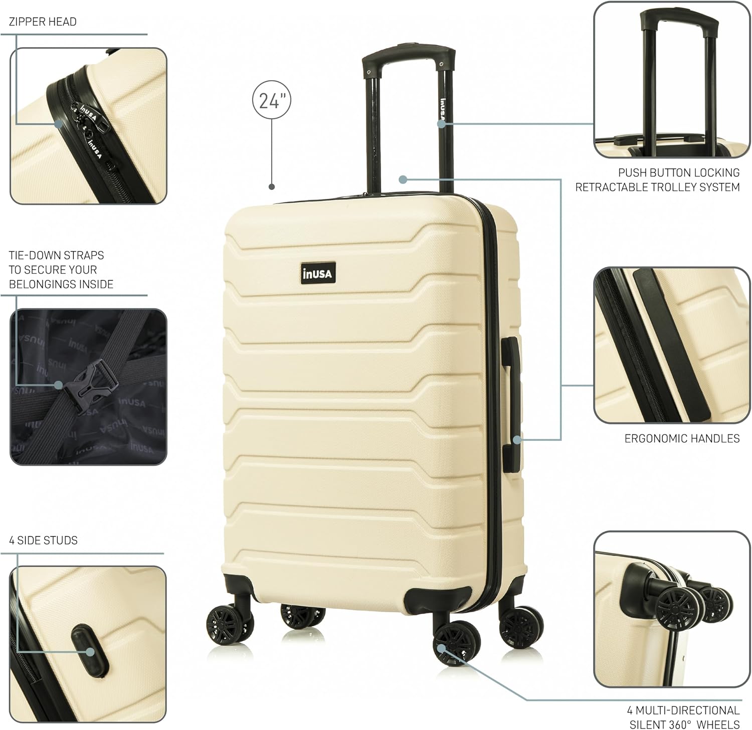 InUSA TREND Luggage with Spinner Wheels | Durable lightweight Hardside Suitcase, Travel bag with Handle and Trolley, 24-Inch Medium Checked luggage | Sand