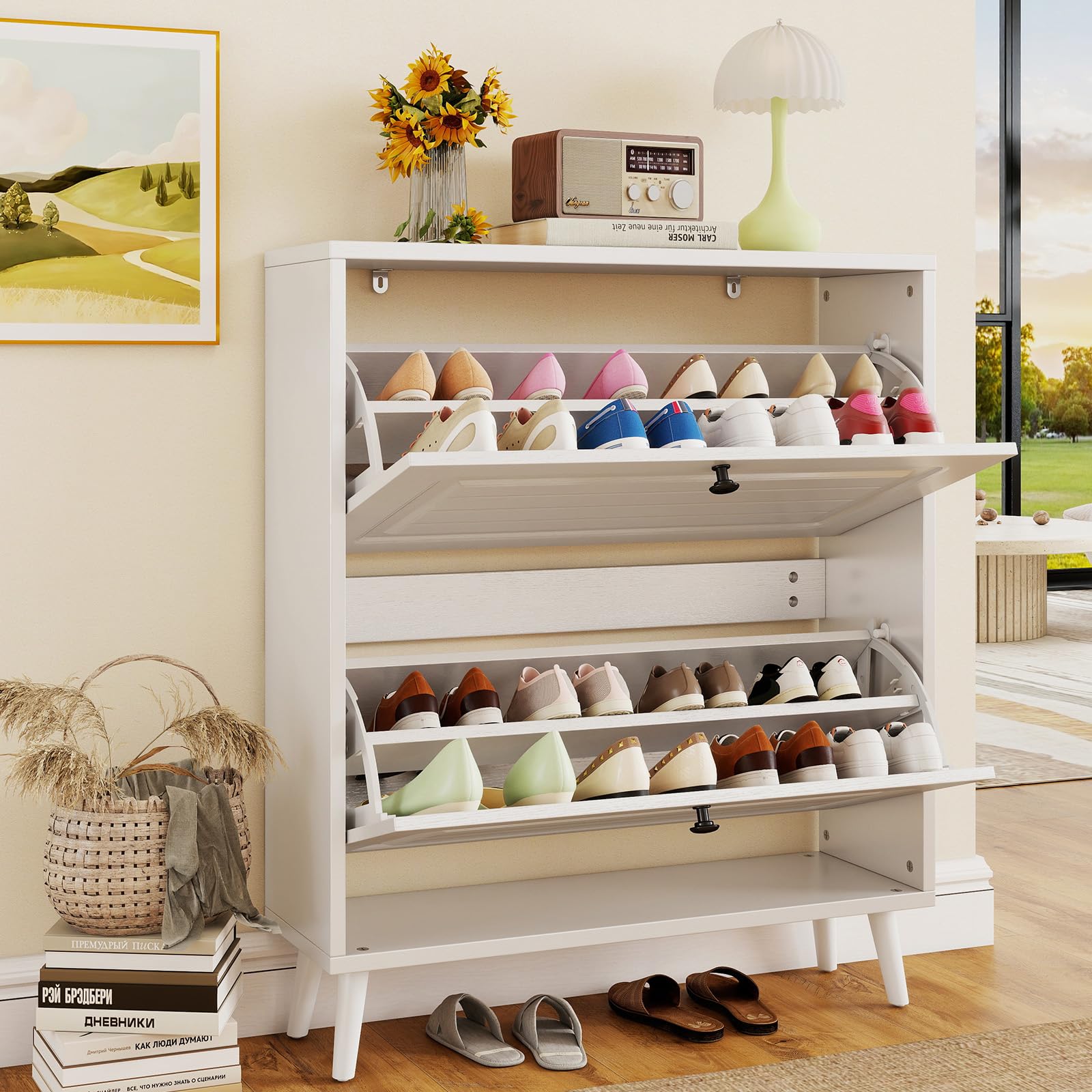 ODUWA Shoe Cabinet with 2 Large Flip Drawers, Narrow Shoes Organizer Cabinets with Adjustable Divider and Anti-tilt Device, Hidden Slim Shoe Storage Cabinet for Entryway, Hallway, Living Room