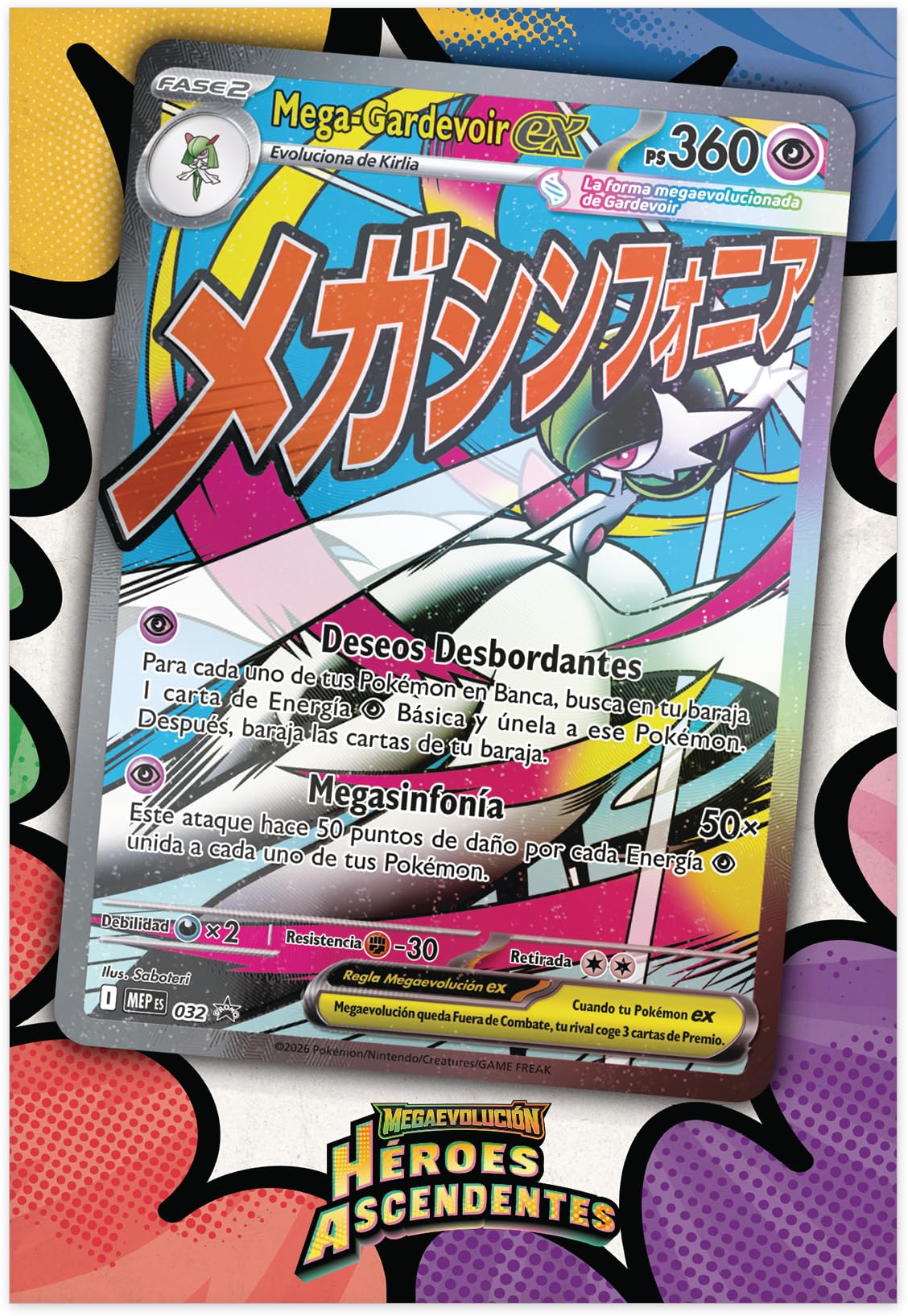 Pokémon: Colección con póster prémium Mega-Gardevoir de Megaevolución-Héroes Ascendentes (1 Carta holográfica de promoción, 1 póster Impreso por ambas Caras y 10 Sobres de Mejora)