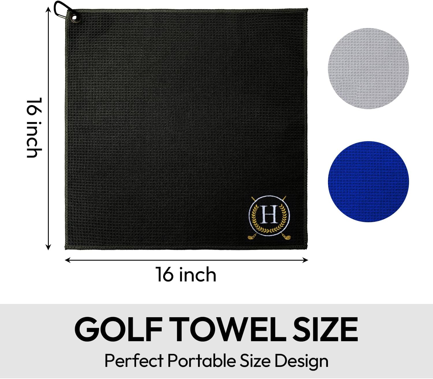 Personalized Golf Towels, Custom Alphabet Embroidery Microfiber Golf Cleaning Towels 16" x 16" with Carabiner Clip for Golf Bag, Black/Grey/Blue