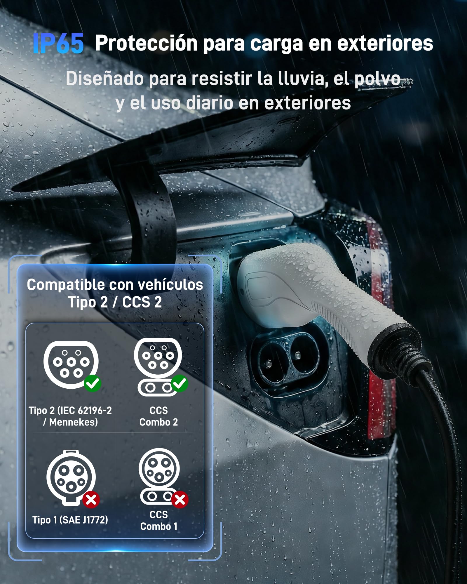 Cargador Coche Eléctrico (3,7 kW, 16 A, 7,5 m, Schuko a Tipo 2) | Monofásico | IP67 | 6–16 A | Timer + inicio diferido | LCD 2,4" | RCD CA/CC | Cable Modo 2 / wallbox móvil | para VE y PHEV