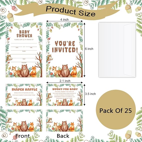 25 Woodland Baby Shower Invitations with Envelopes, Diaper Raffle Tickets, Book Request Cards, Baby Shower Invites for Boy Girl-06