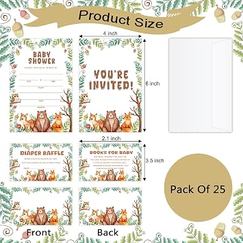 25 Woodland Baby Shower Invitations with Envelopes, Diaper Raffle Tickets, Book Request Cards, Baby Shower Invites for Boy Girl-06