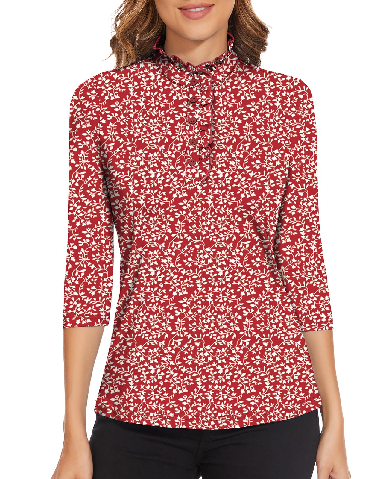 Soneven Camicetta da donna, elegante, maniche a 3/4, da golf, da donna, a maniche lunghe, da ufficio, con volant