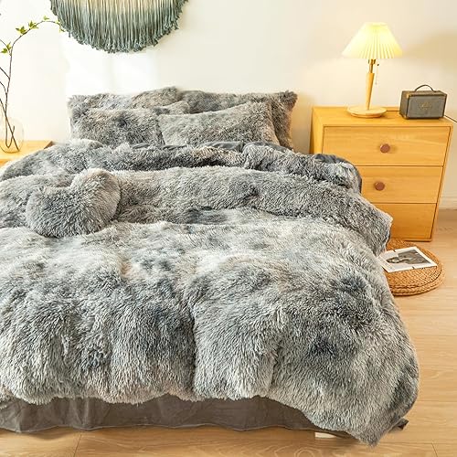 Miniatura 155 de Juego de funda de edredón rosa esponjosa tamaño Queen – Juego de ropa de cama de felpa de pelo sintético rosa de 3 piezas