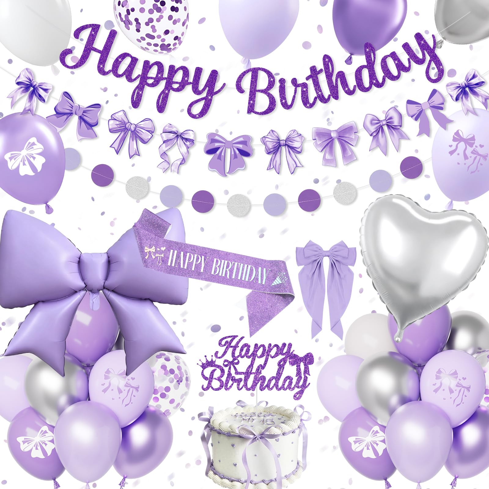 Purple Birthday Decorations, Purple Silver Bow Party Decorations Set Happy Birthday Banner, Purple Balloons, Heart Bow Foil Balloon, Hair Clips, Sash, Girls Women Princess Coquette Party Supplies