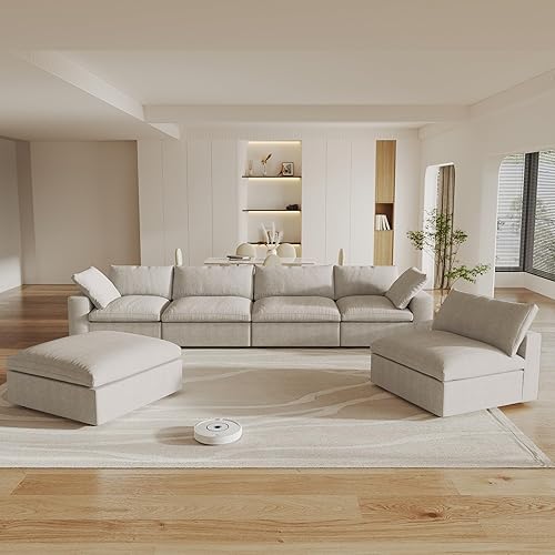 Modular Sectional Sofa Couches for Living Room,160inch Linen Cloud Couch with Storage Ottoman, Oversized U Shaped 6 Seater Convertible Sleeper Sofa Chaise,Khaki