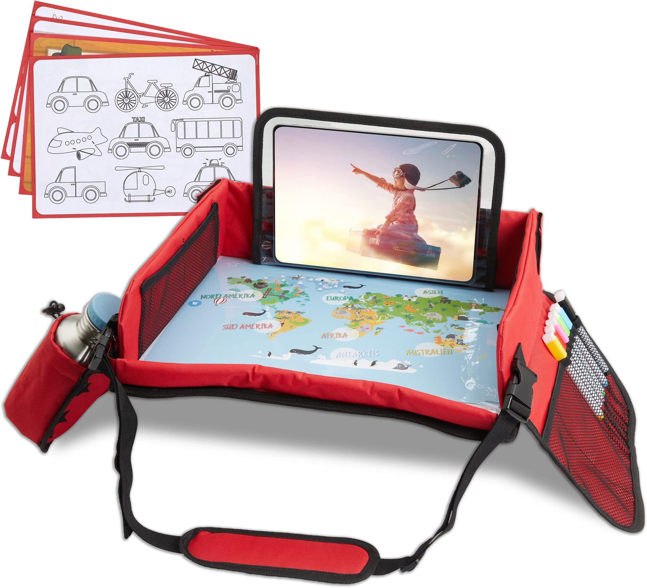 DOGOON Kinder Reisetisch Knietablett Kindersitz Lernspielzeug mit Zeichnungsfilm hochwertige deutsche Version einer Weltkarte mit Tieren und Kontinenten 4 Zeichenpapier 6 Farbstifte**