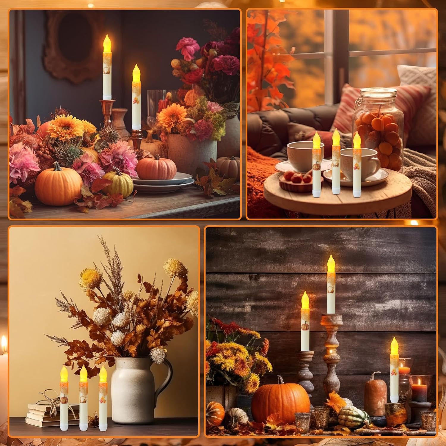 Baquler 6 Pcs Thanksgiving Flameless Candles 6.5 Inch Short Fall Pumpkin Maple Leaf Taper Candles Battery Operated LED Candlesticks for Autumn Thanksgiving Dinner Table Centerpiece Home Party Decor