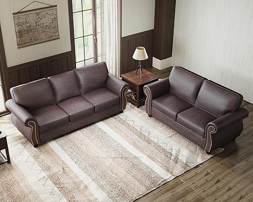 Sofá remache, juegos de sala de estar, sofá de mediados de siglo, marco de madera maciza para sala de estar, sofás vintage (marrón, sofá biplaza + 3