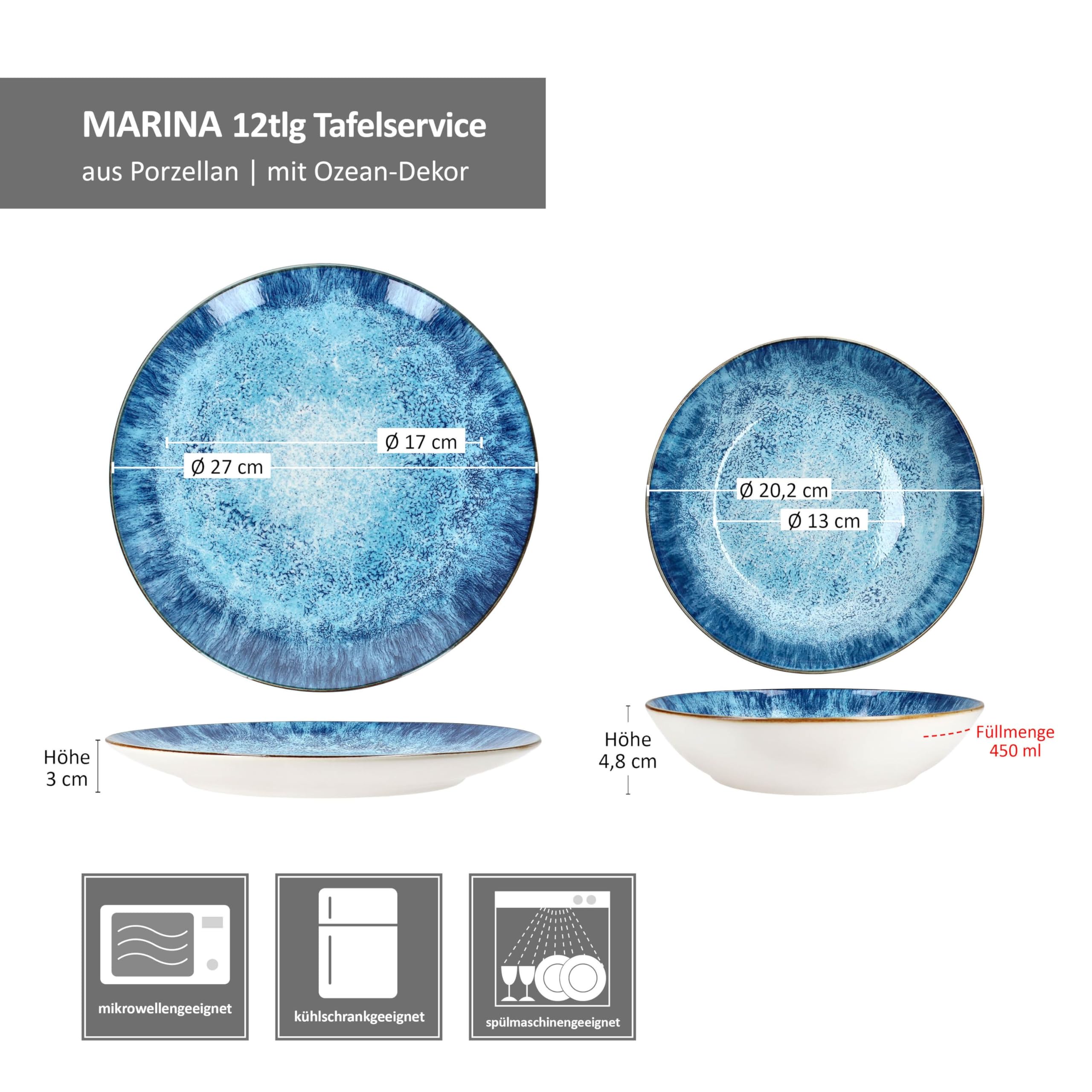 MamboCat Marina 12tlg Tafelservice I blaues Porzellan-Geschirr mit maritimem Design für 6 Personen I Ozean-Dekor, Gischt I 6x Suppenteller & 6x Speiseteller für Frühstück, Mittag & Abendbrot