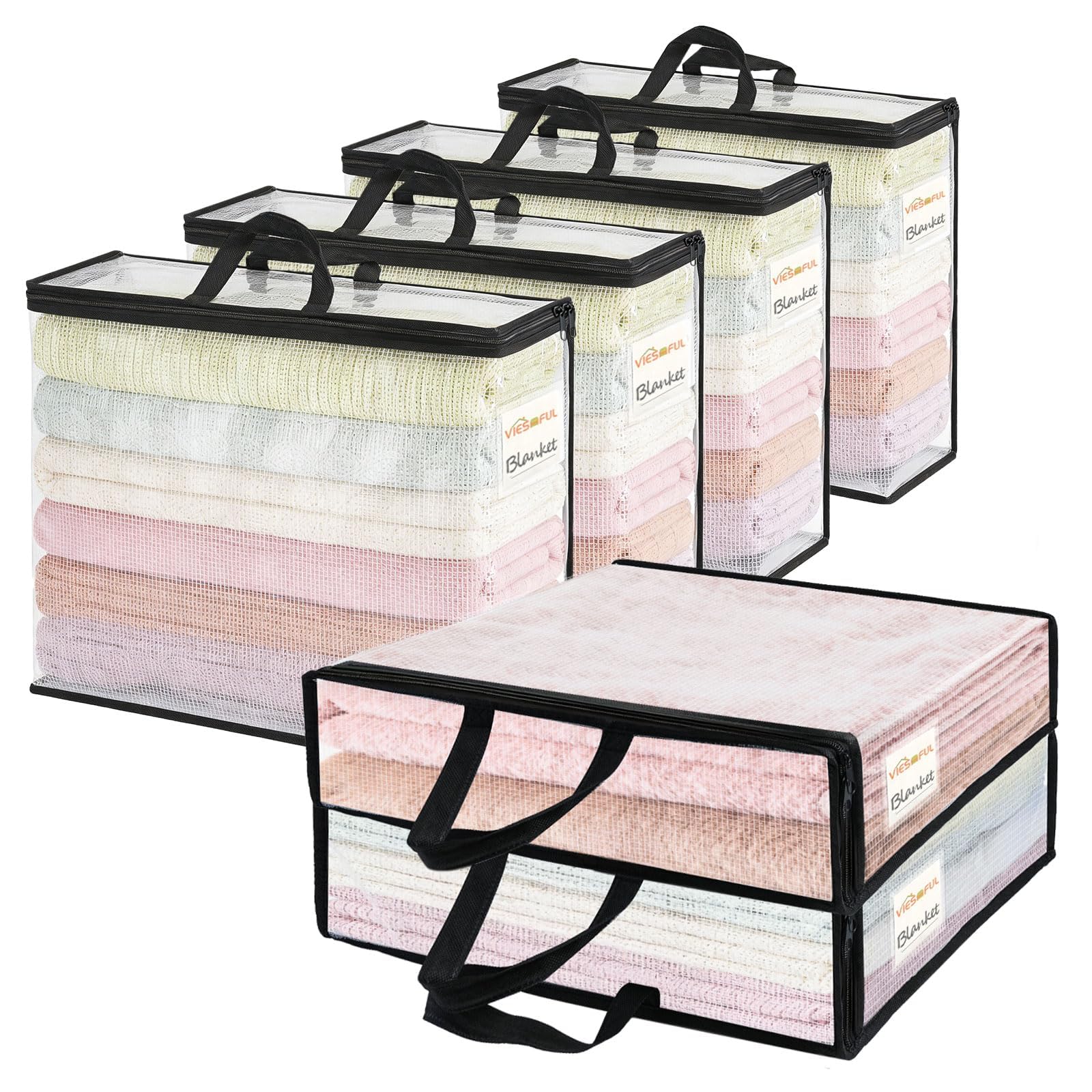 Vieshful 6 Pack Clear Storage Bags with Label, 22L Foldable PVC Mesh Clothes Storage Bags with Zipper for Bedding, Blankets, Clothing, Toys and Underbed Organisation