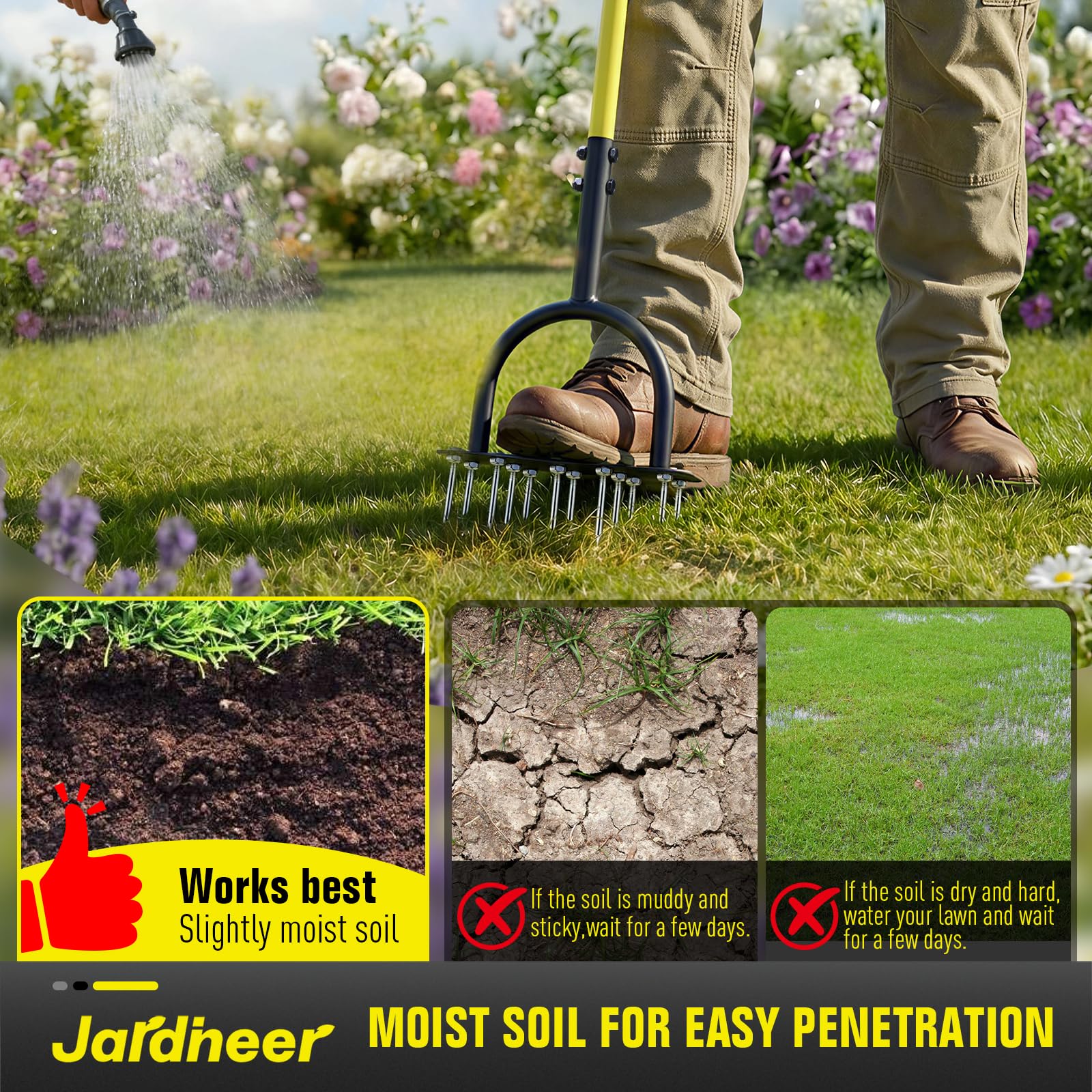 Jardineer Aeratore per prato, aeratore manuale con 12 punte in acciaio ispessite, aeratore pre-assemblato per allentamento del terreno e aerazione del cortile in prato, cortile e giardino