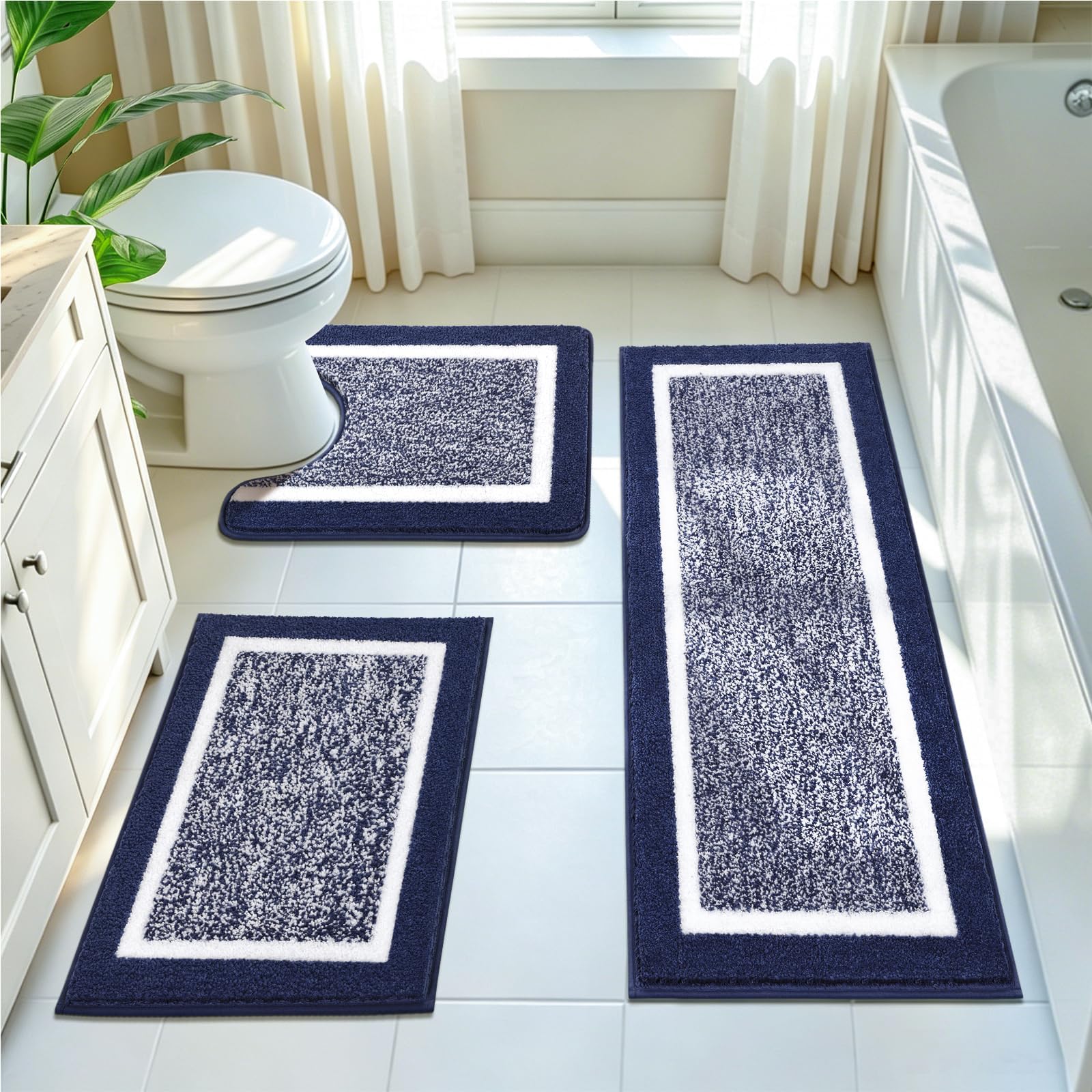 Pauwer Bathroom Rugs 3 Piece Set, Non Slip Washable Bath Mat, Navy | Soft Plush Microfiber, Super Absorbent Floor Carpet, U Shaped Toilet Mats, Quick Dry, Shaggy Shower Rugs Runners