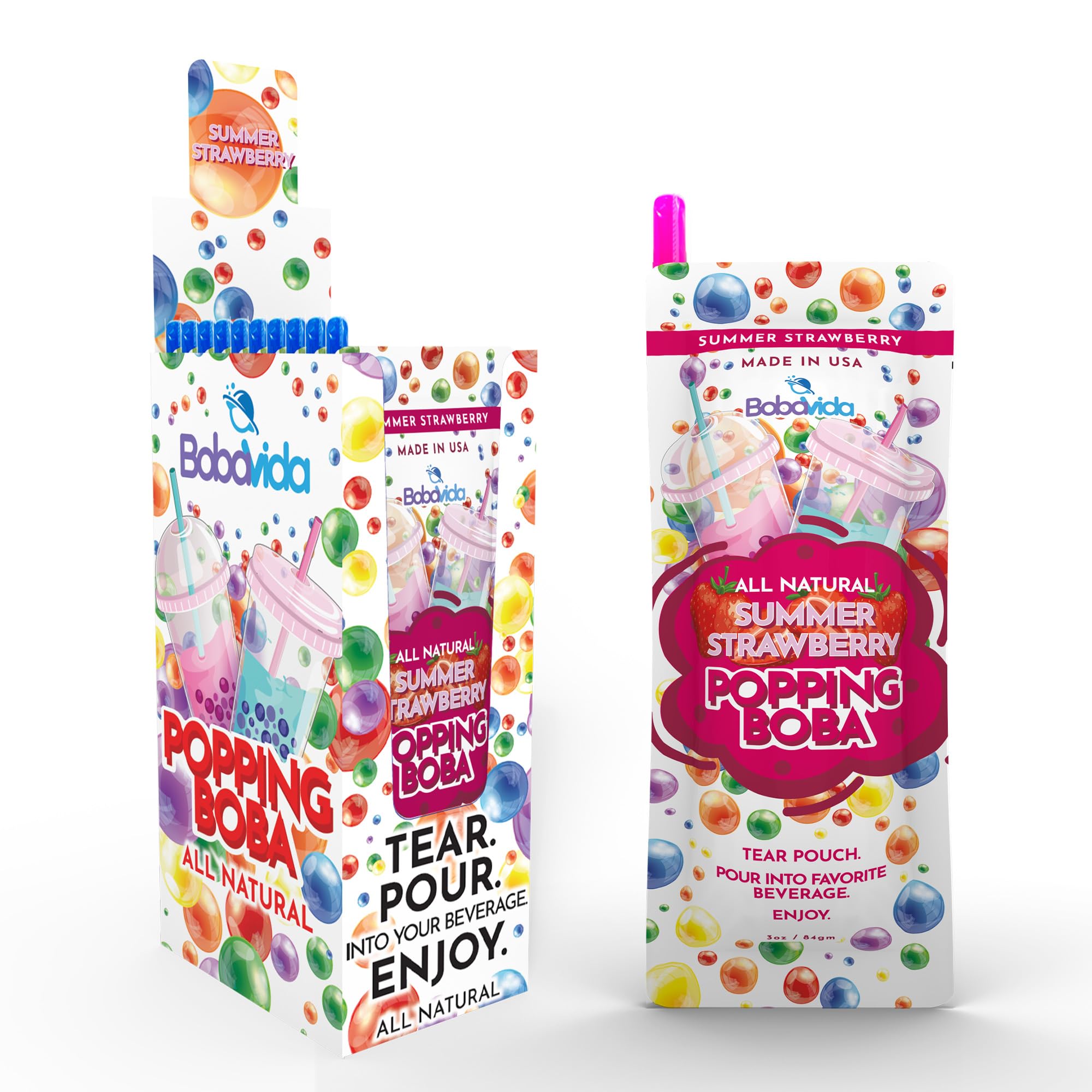 BobaVida Summer Strawberry Popping Boba - Popping Boba for Drinks, Desserts & Food Toppings - Non-GMO Fruit Boba Pearls - 3oz Each, 10 Boba Packets with Straws