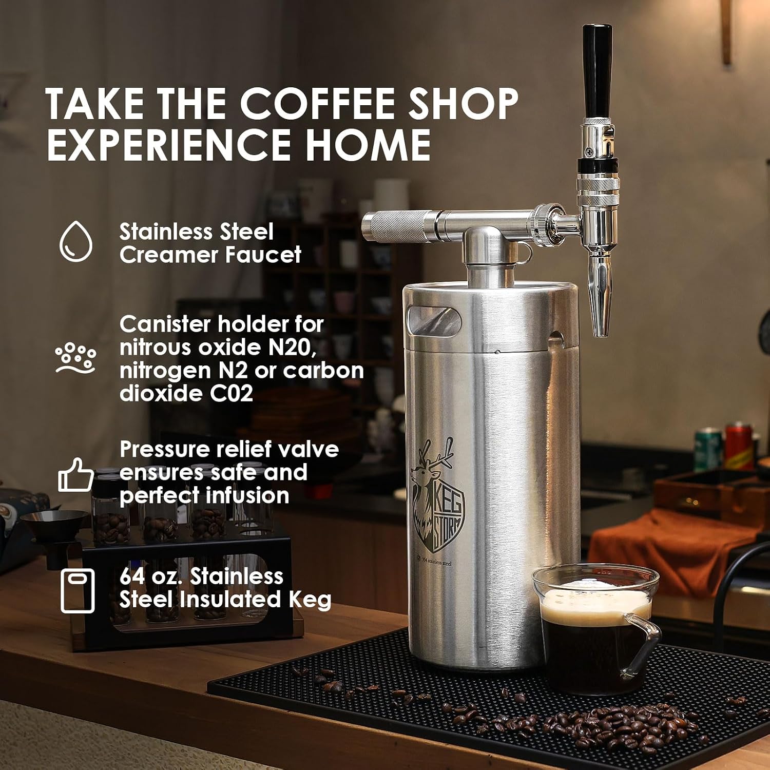 Take the coffee shop experience home with the KEG STORM Nitro Cold Brew system.