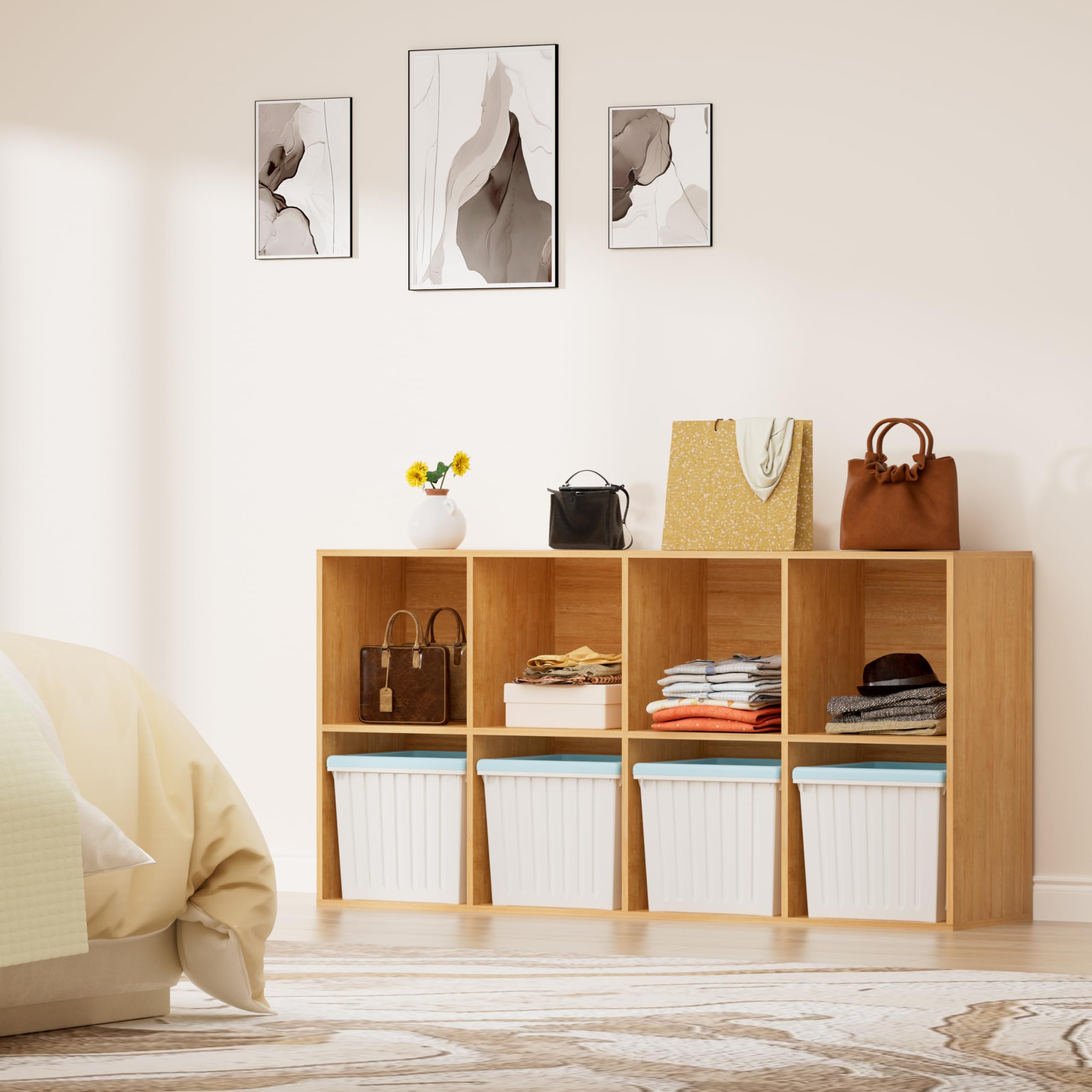 Regal mit 8 Fächern, Holz Bücherregal, Würfelregal, Standregal für Wohnzimmer, Schlafzimmer, Büro, Kinderzimmer (Eichefarben, 8 Fächern （35T x 143B x 72,2H cm）)