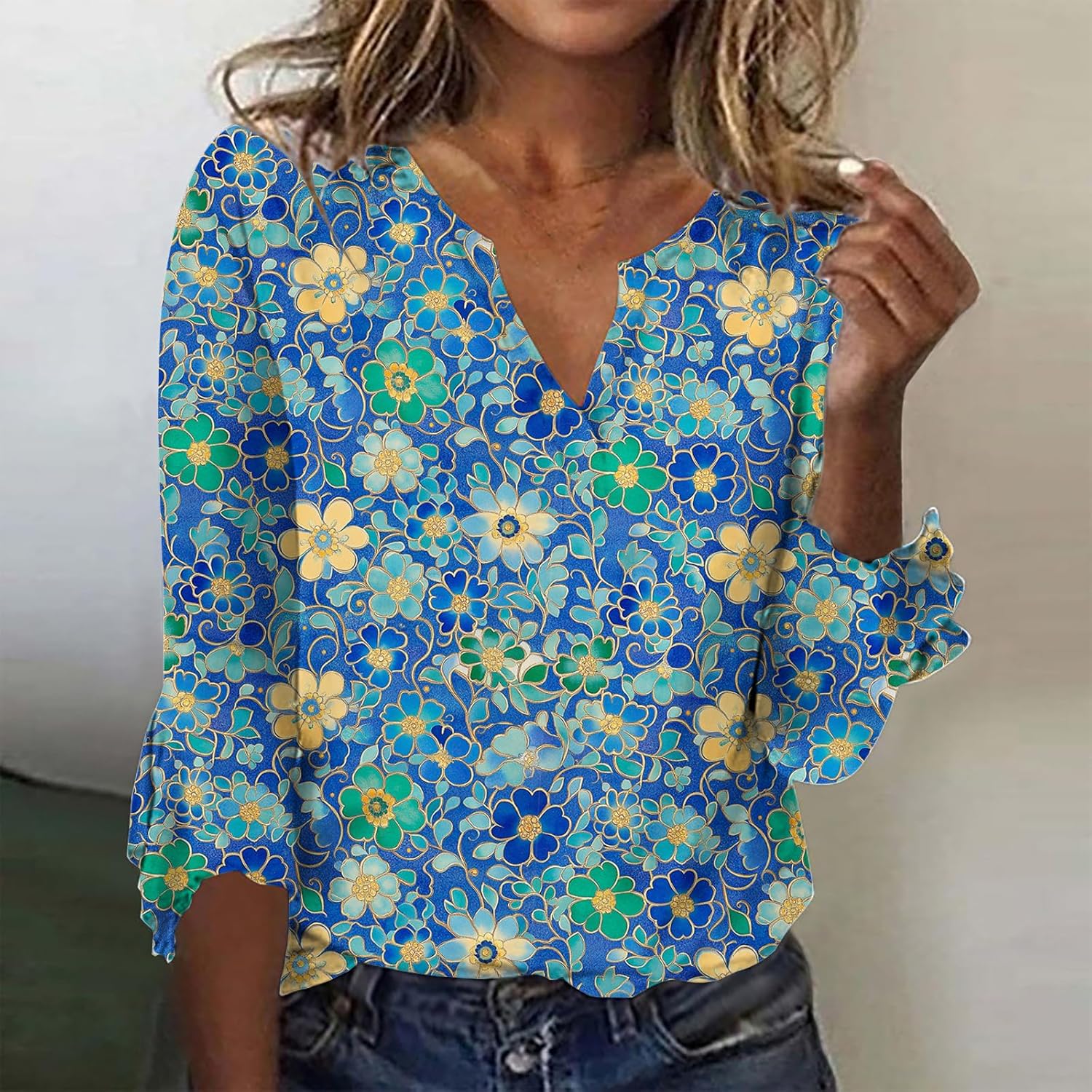 LOAIHA 3/4 Length Sleeve Womens Tops V Neck Floral Casual Bell Sleeve Tunic Shirt Bohemian Clothes Beach Boho Blouses - Image 2