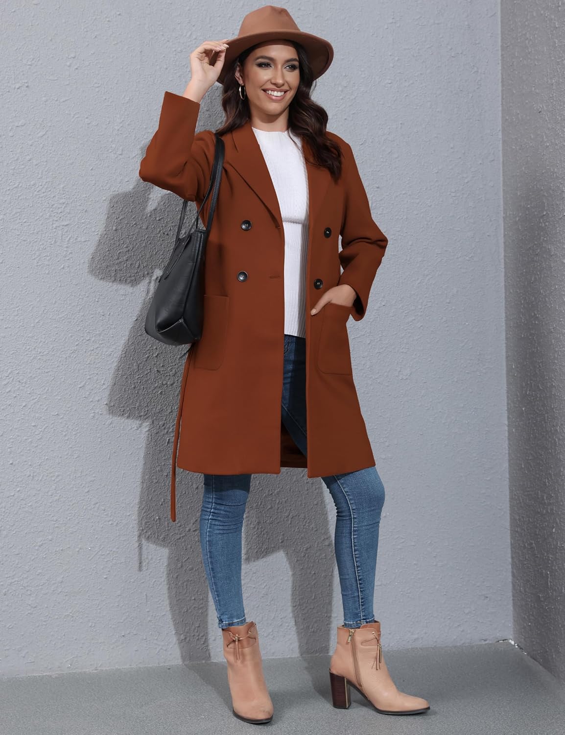 Hooever Women's Double Breasted Wool Blend Coat Winter Notched Lapel Belted Peacoat Mid Long Jacket - Image 7