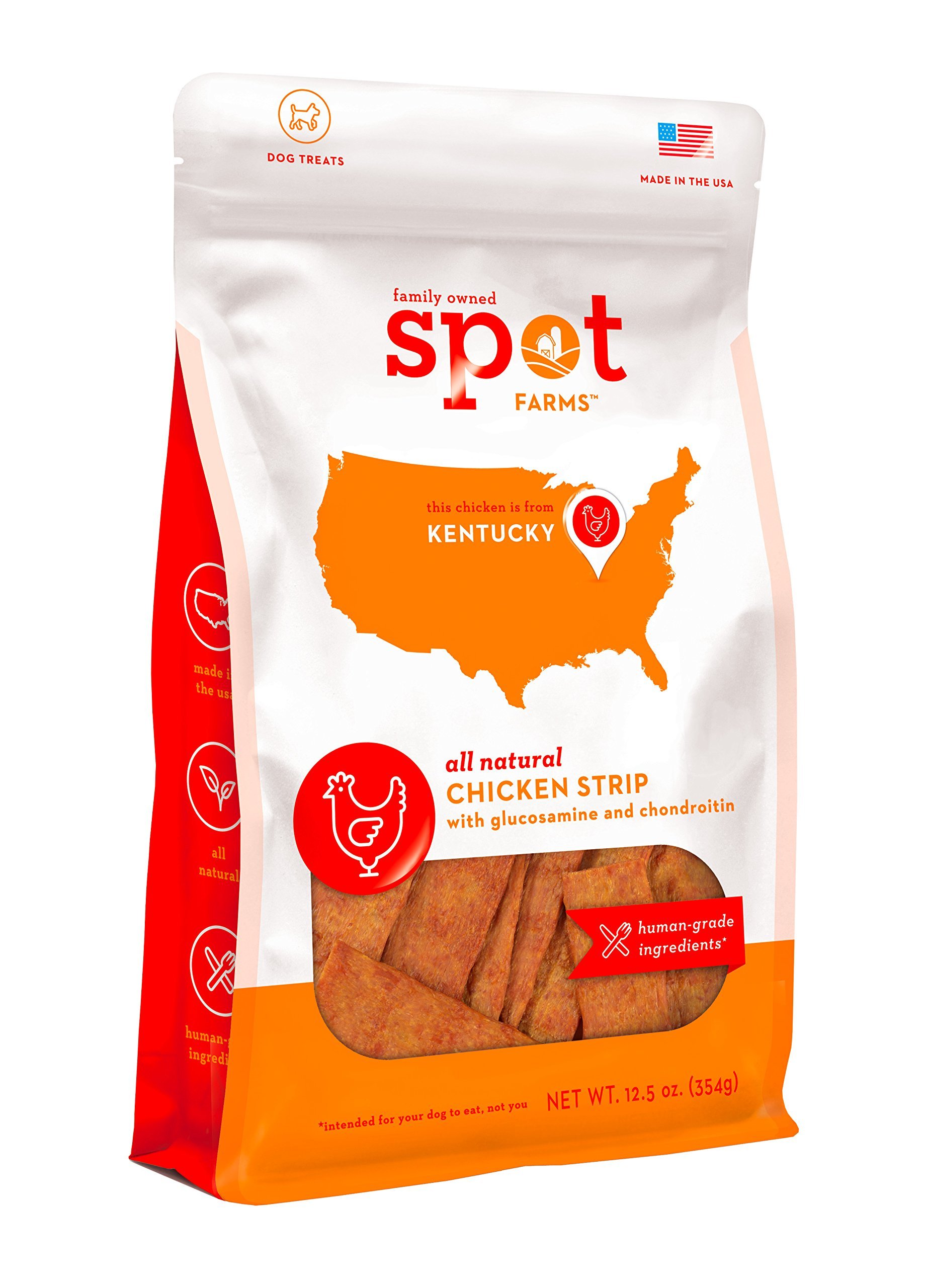 Spot Granjas Todos Naturales Humanos Grado Dog Treats, Tiras de Pollo con glucosamina y chondroitin, 12,5 oz