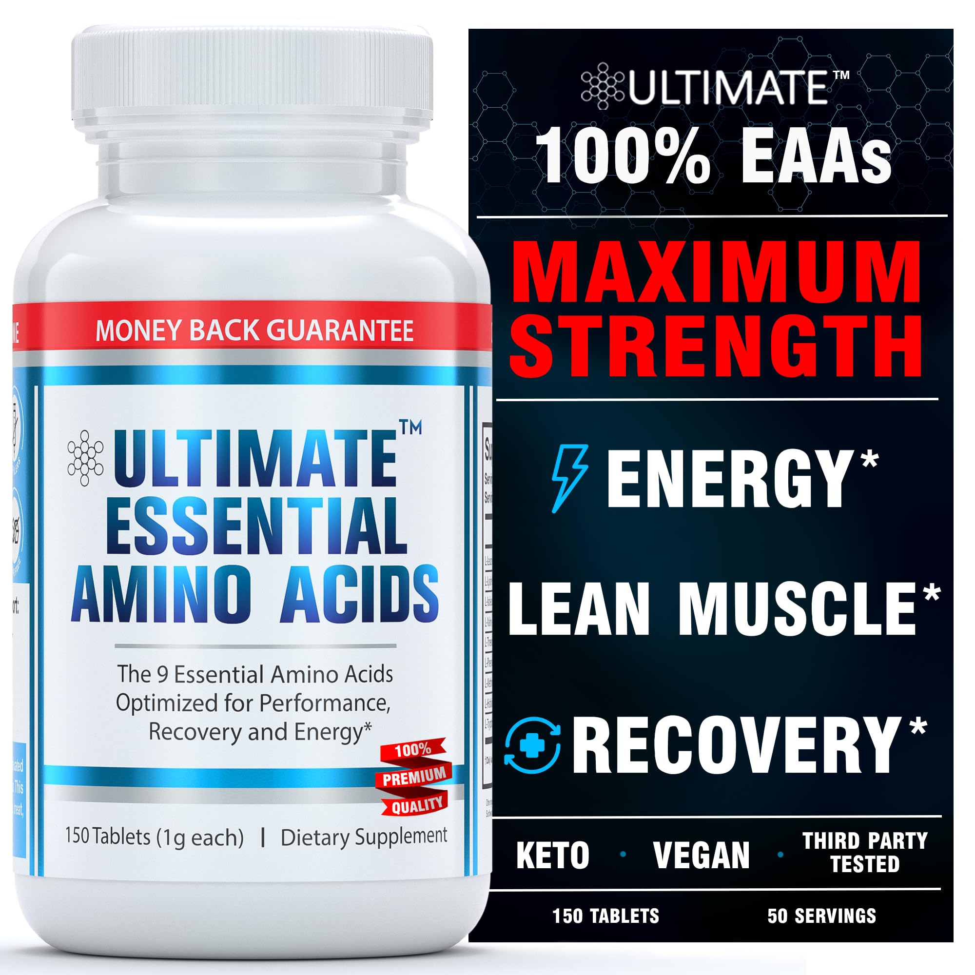 Ultimate 100% Essential Amino Acid Supplement - 150 Easy-to-Swallow, 1g Coated Tablets - All 9 EAA with 40% Leucine in Optimized BCAA Ratio - Increase Energy, Lean Muscle & Recovery - Keto & Vegan