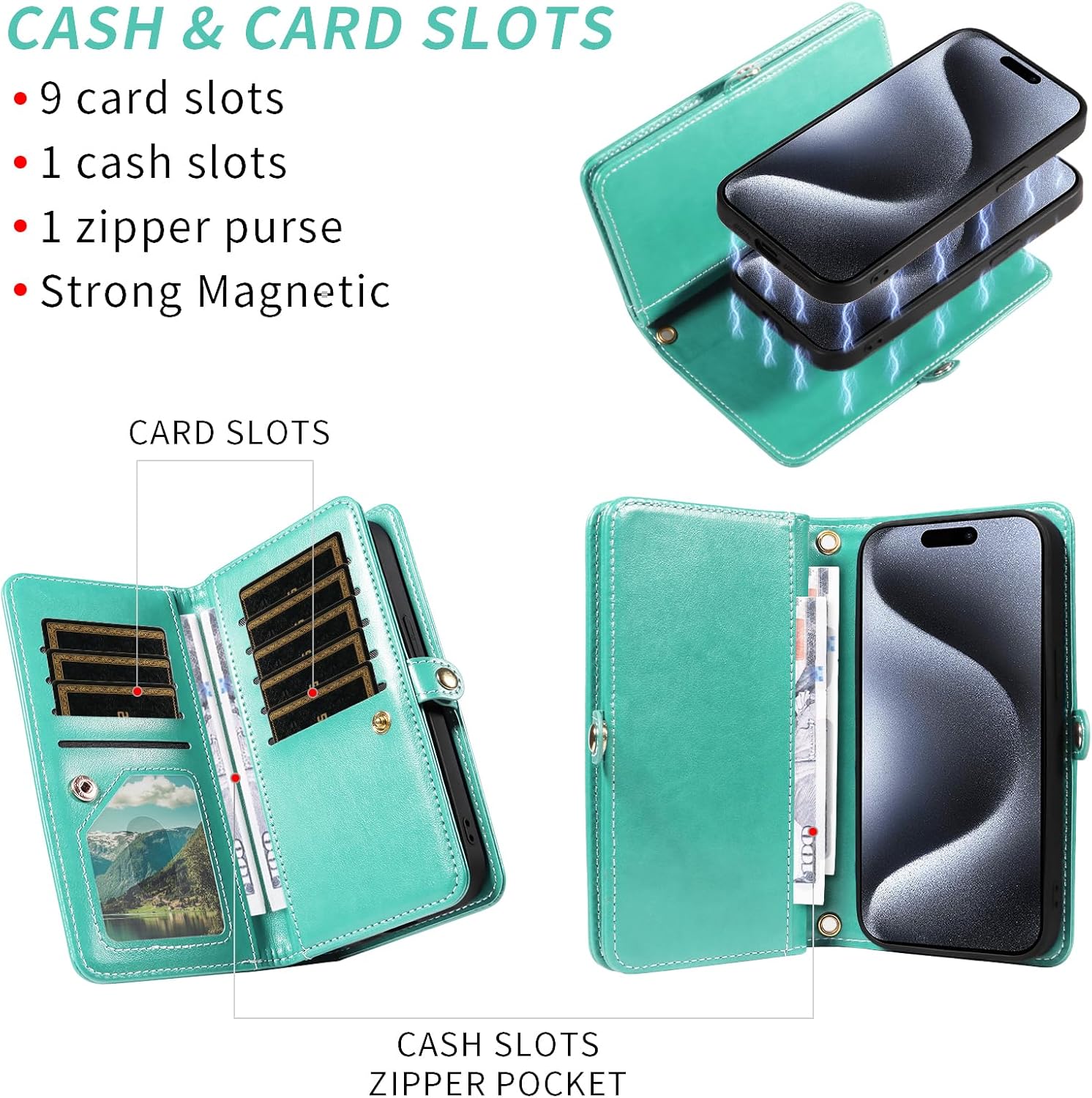 Asuwish Phone Case for iPhone 15 Pro Max 6.7 inch Zipper Wallet Detachable Cell Cover with Tempered Glass Screen Protector Strap Flower Card Holder i Phone15 15Pro i15 ProMax 15ProMax Women Men Green