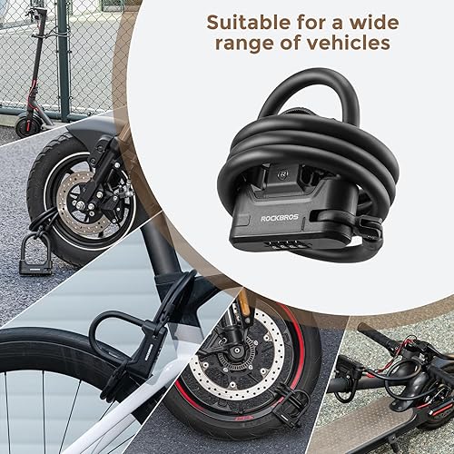 Miniatura 5 de ROCKBROS Candado de bicicleta con bloqueo en U con cable, cerradura de combinación de 4 dígitos, portátil, antirrobo, resistente, para bicicleta,