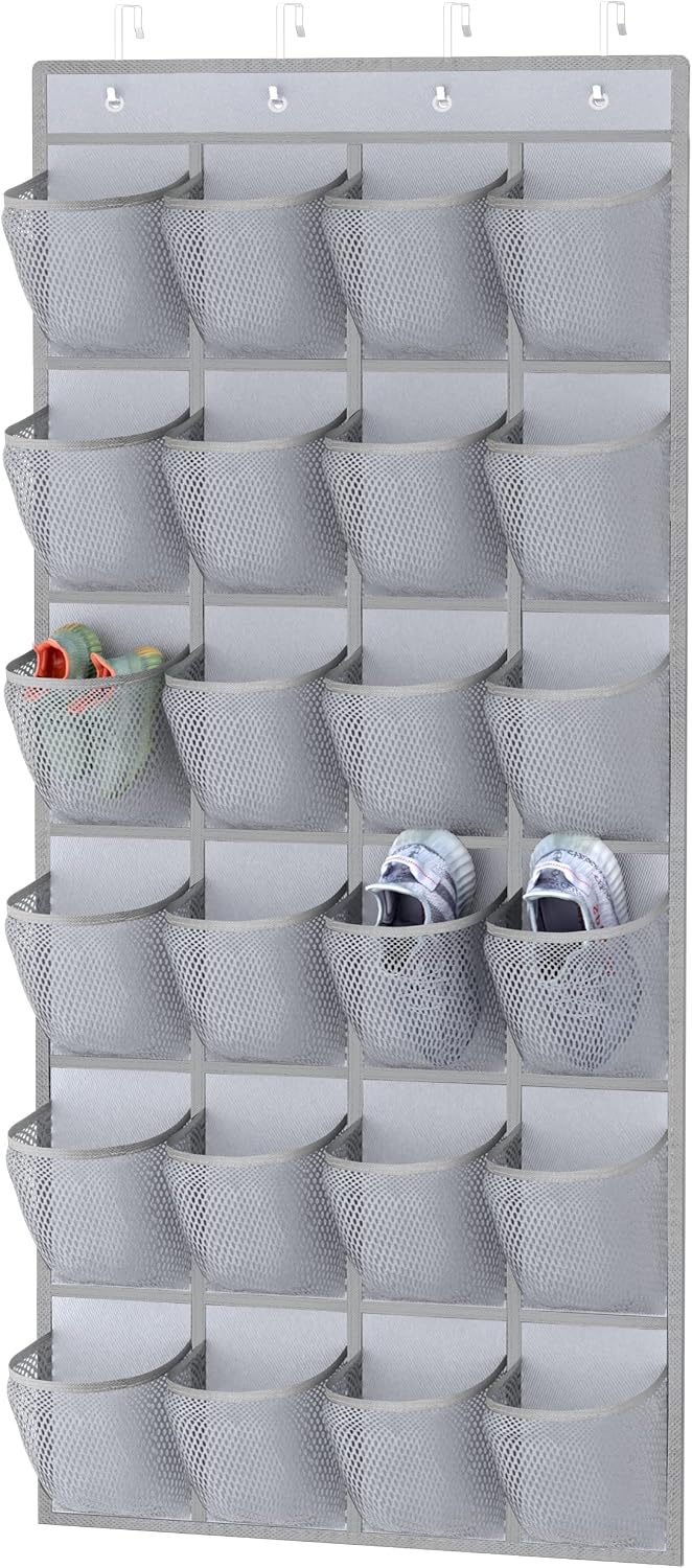 MaxGear Over the Door Shoe Organizer Shoe Rack for Door, Hanging Shoe Organizer Mesh Shoe Holder, 24 Large Pockets Shoe Hanger, Behind the Door Storage Organizer, Shoe Holder for Back of Door, Grey